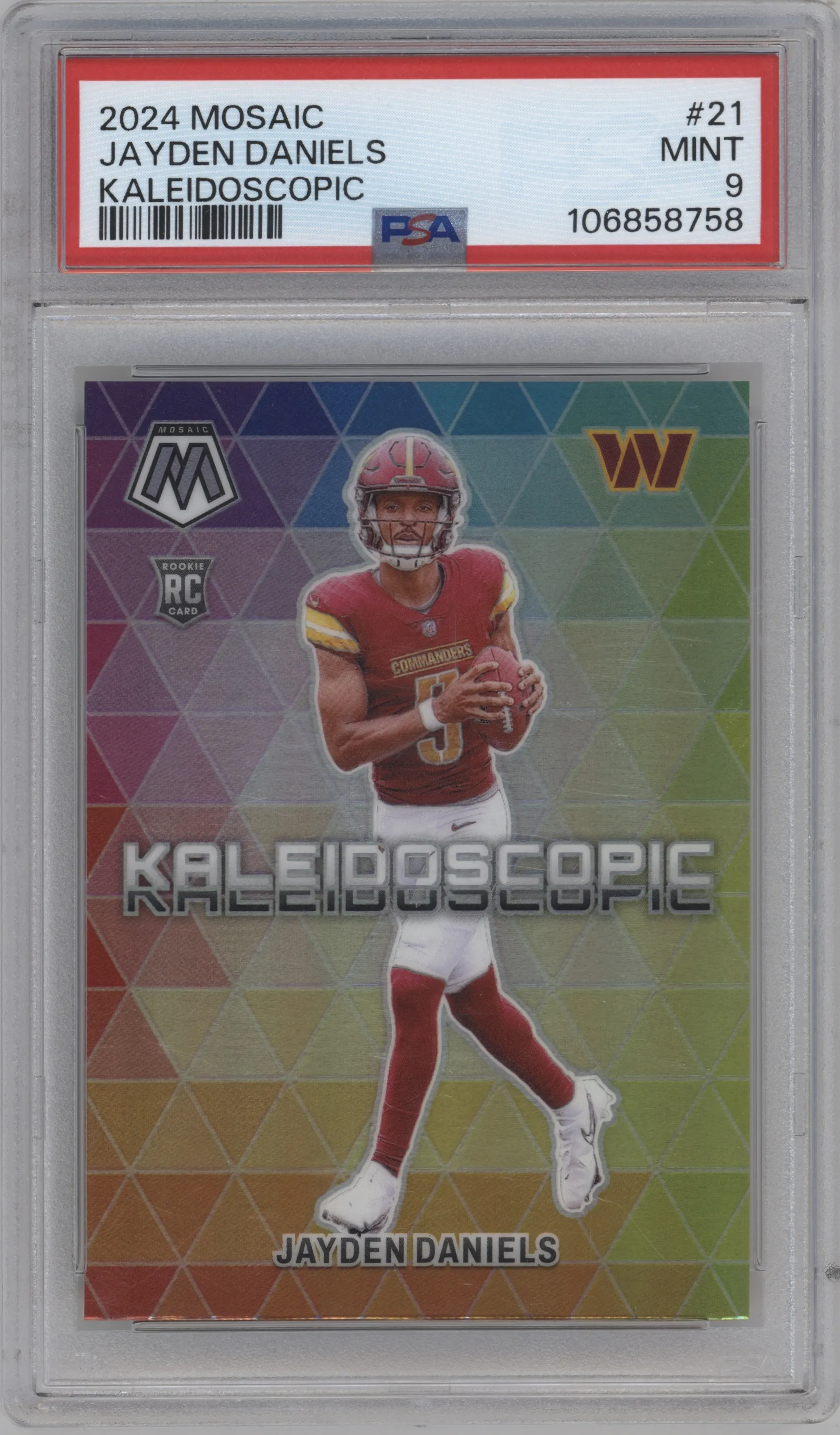 Jayden Daniels from the 2024 Panini Mosaic set graded by PSA and given an overall grade of 9.