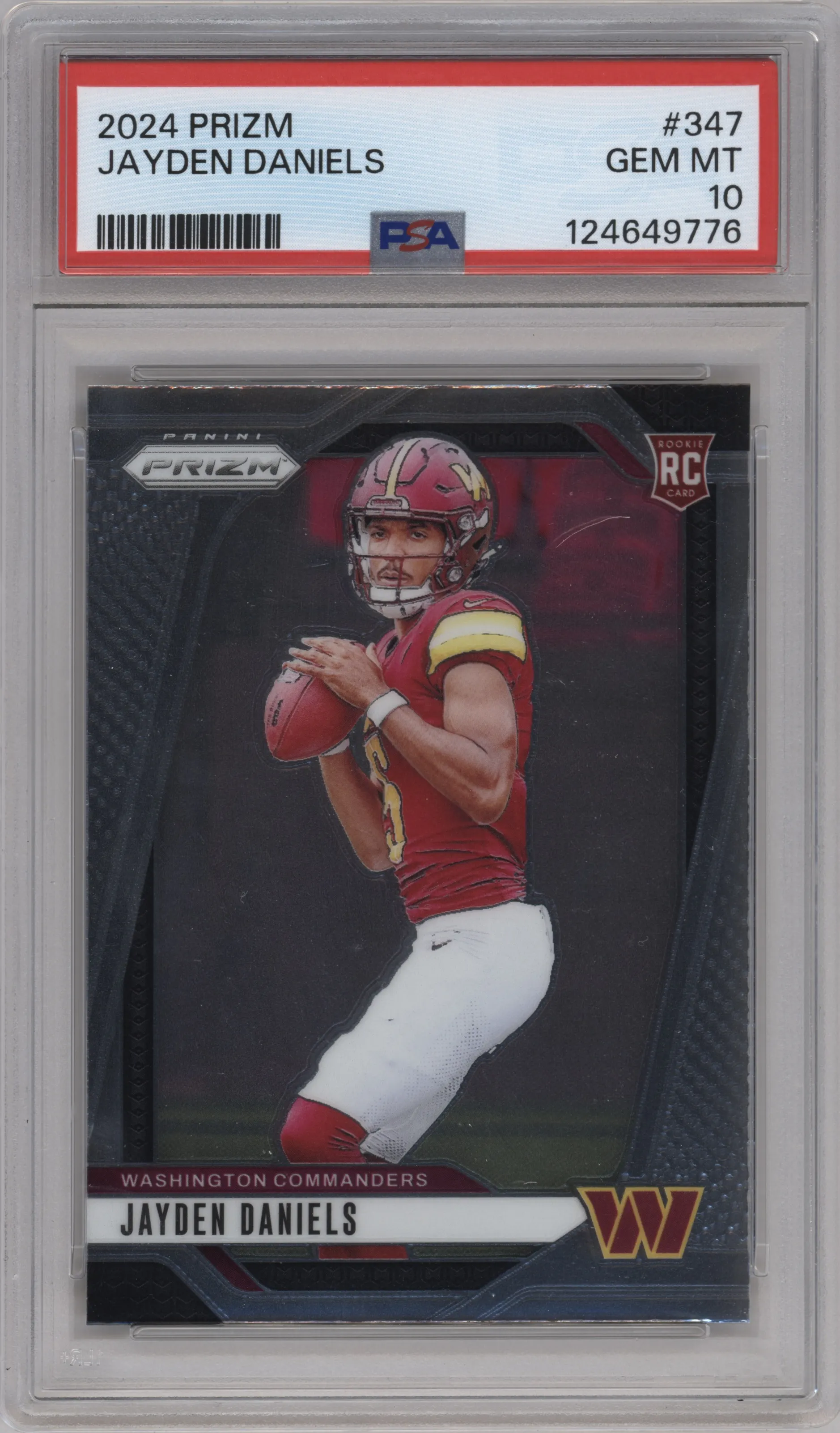 Jayden Daniels from the 2024 Panini Prizm set graded by PSA and given an overall grade of 10.