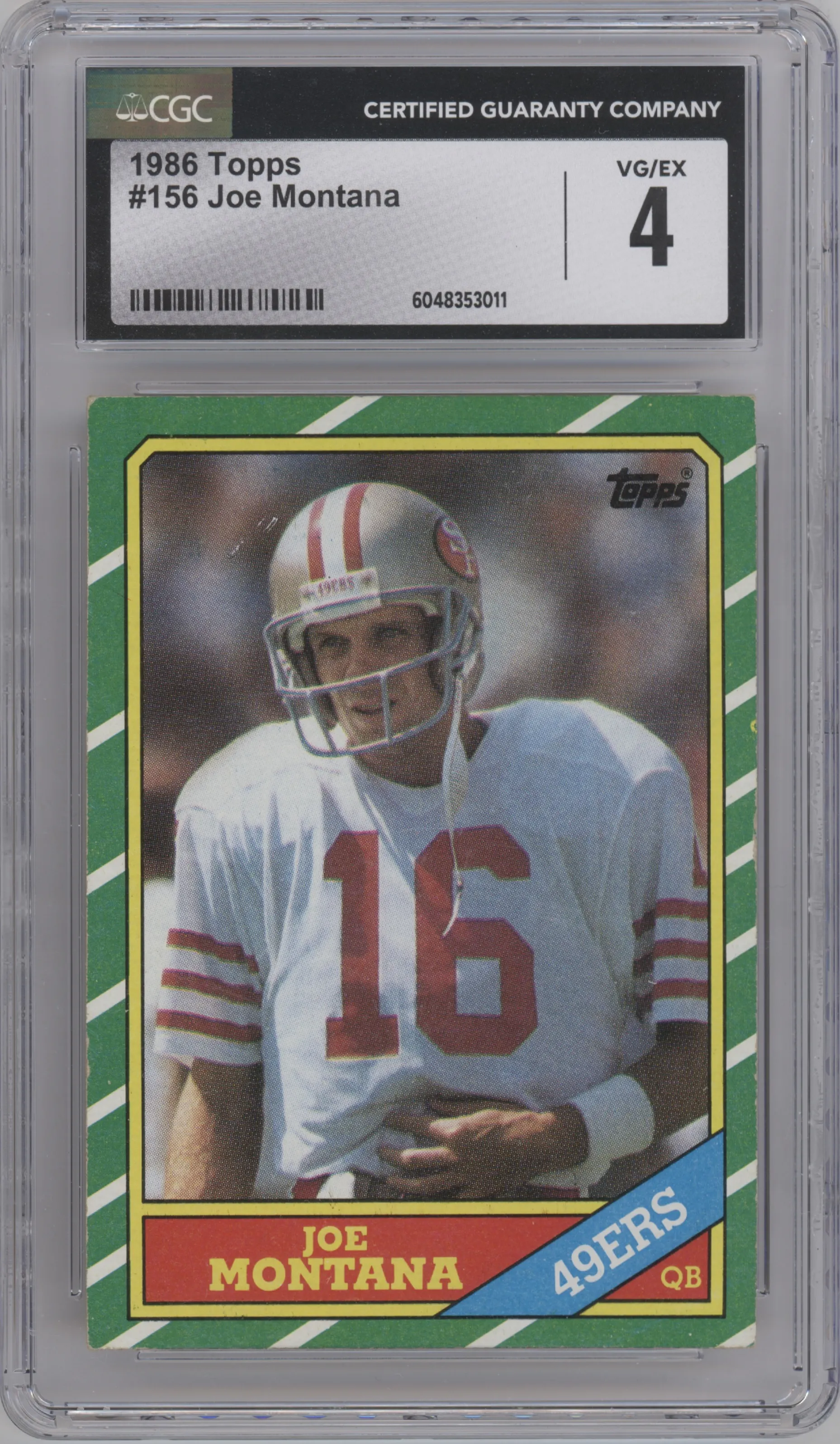 Joe Montana from the 1986 Topps set graded by CSG and given an overall grade of 4.