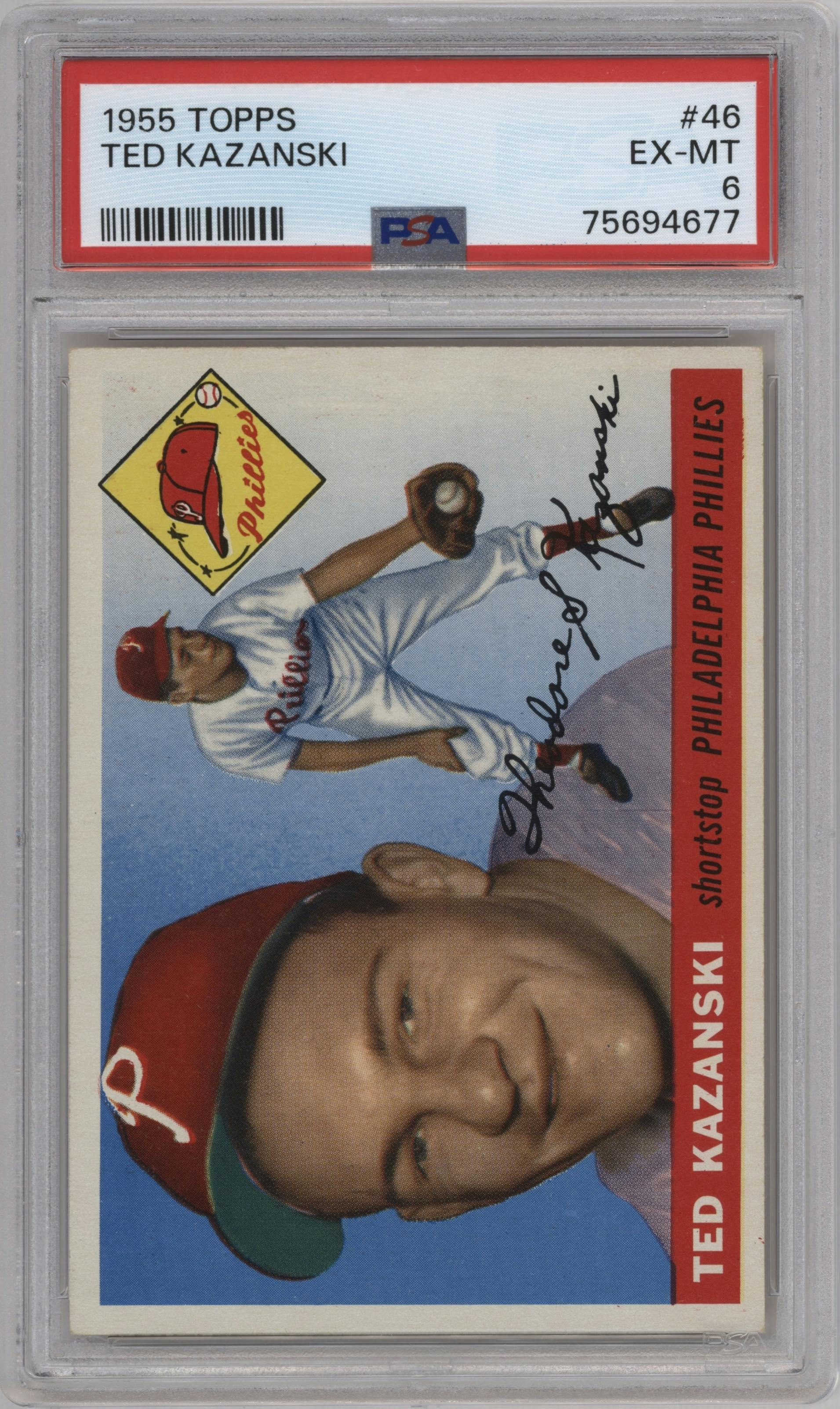 Ted Kazanski from the 1955 Topps set graded by PSA and given an overall grade of 6.