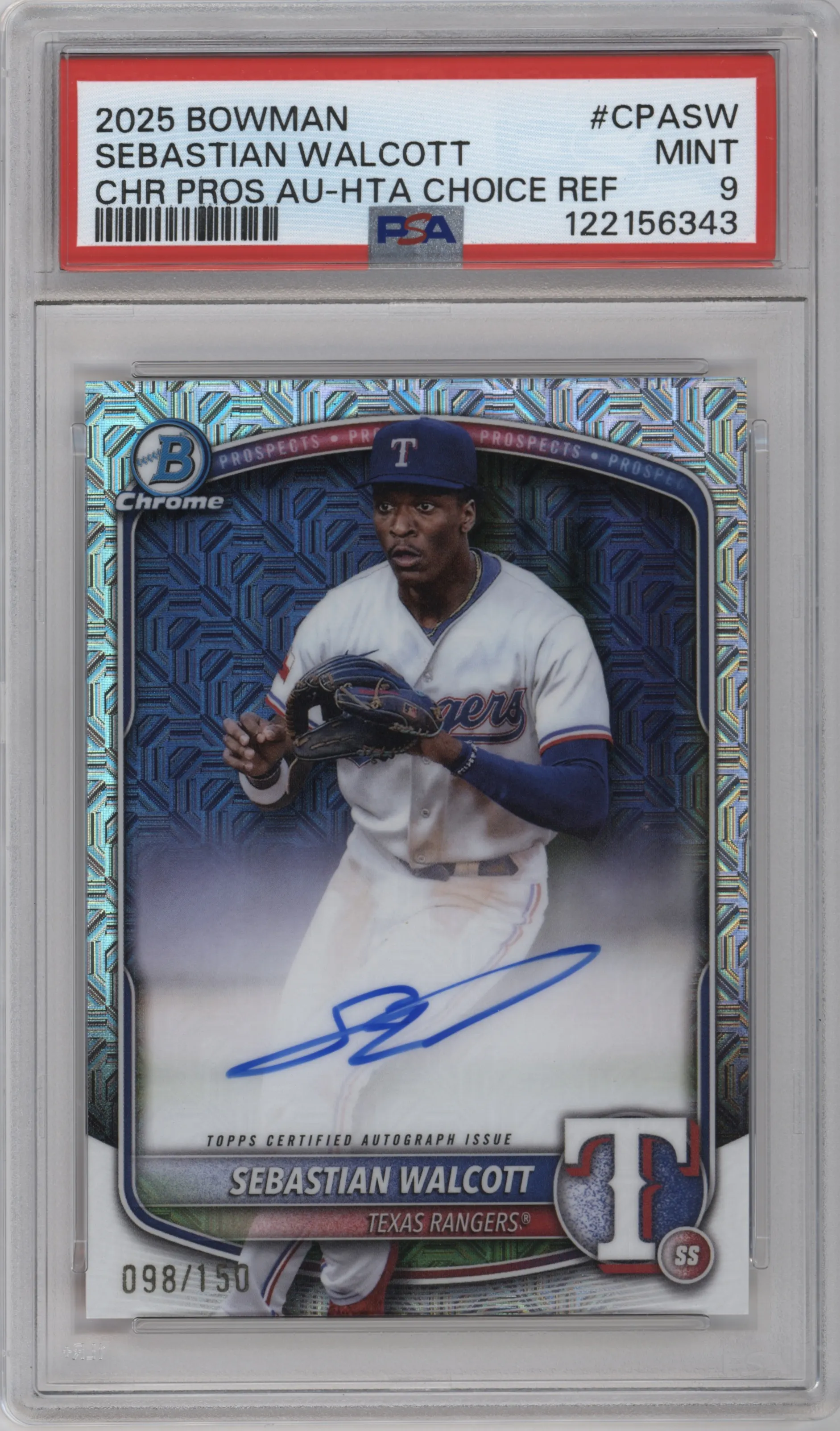 Sebastian Walcott from the 2025 Bowman set featuring a HTA Choice Refractor parallel graded by PSA and given an overall grade of 9.