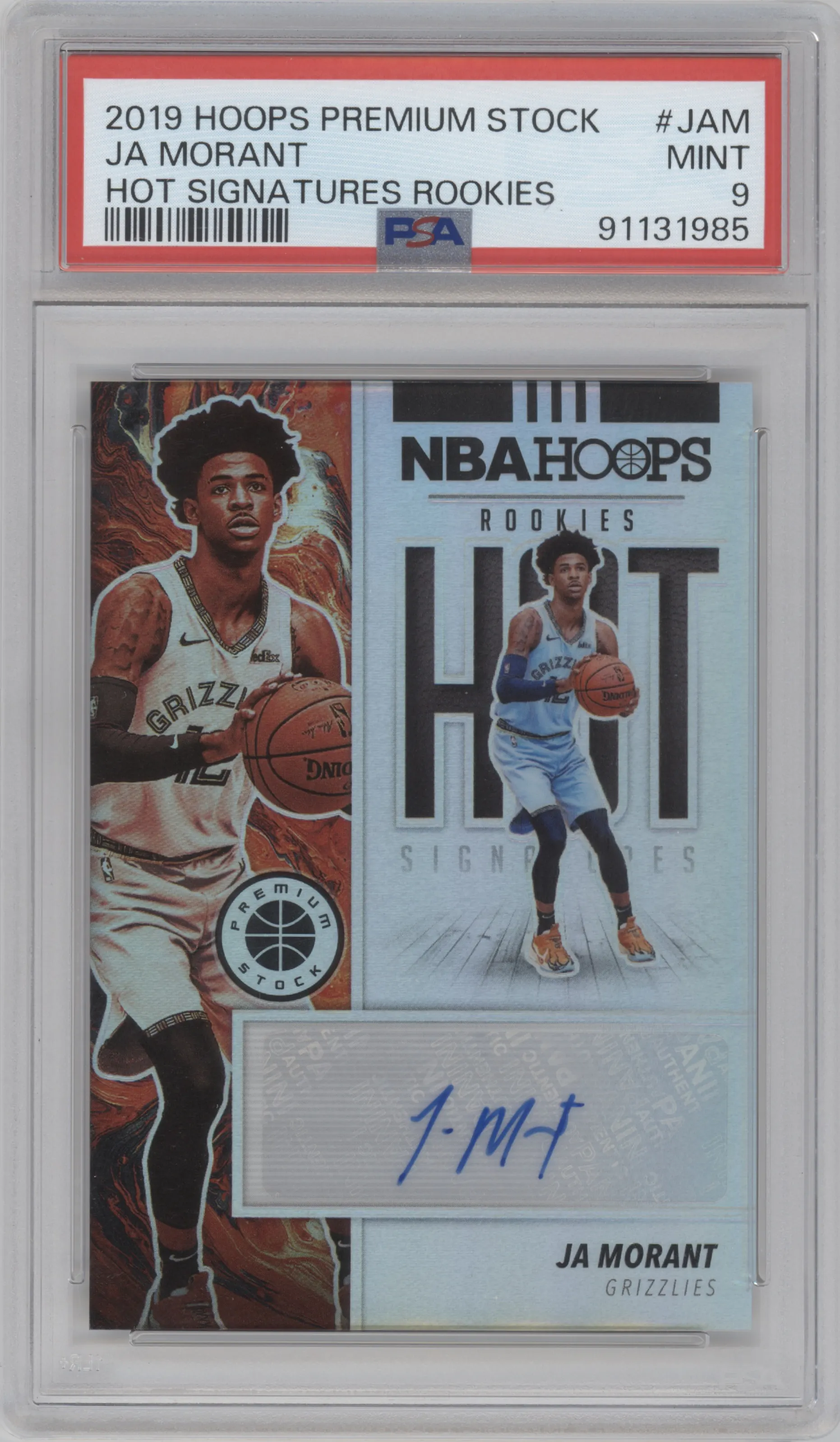 Ja Morant from the 2019-20 Panini Hoops Premium Stock set graded by PSA and given an overall grade of 9.