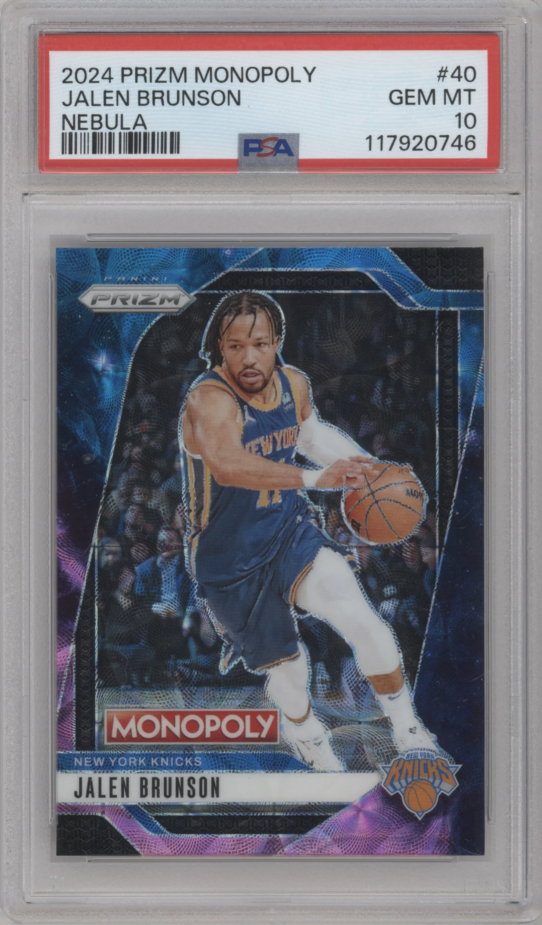 Jalen Brunson from the 2024-25 Panini Prizm Monopoly set featuring a Nebula parallel graded by PSA and given an overall grade of 10.