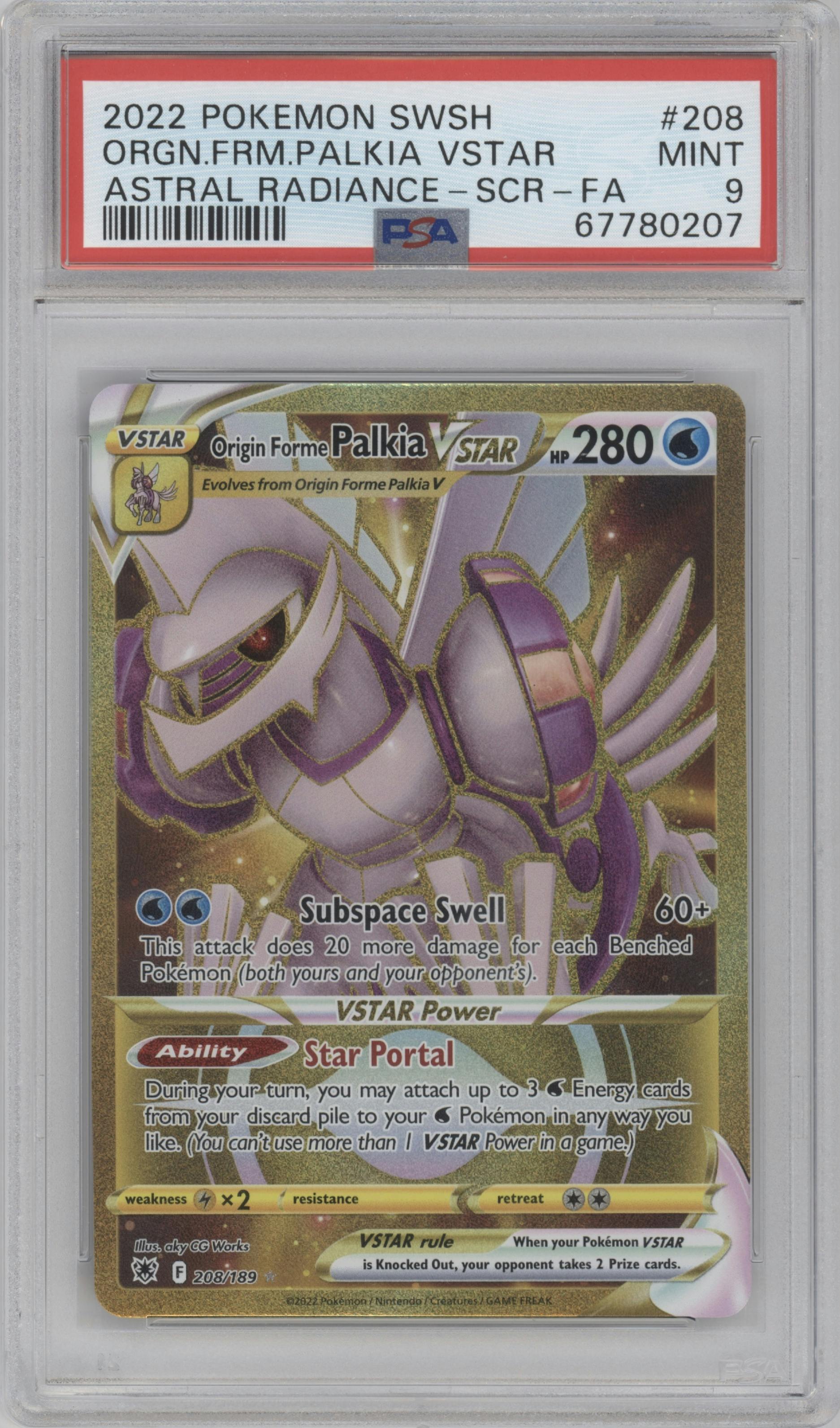 Origin Forme Palkia VSTAR from the 2022 Pokemon SWSH set graded by PSA and given an overall grade of 9.