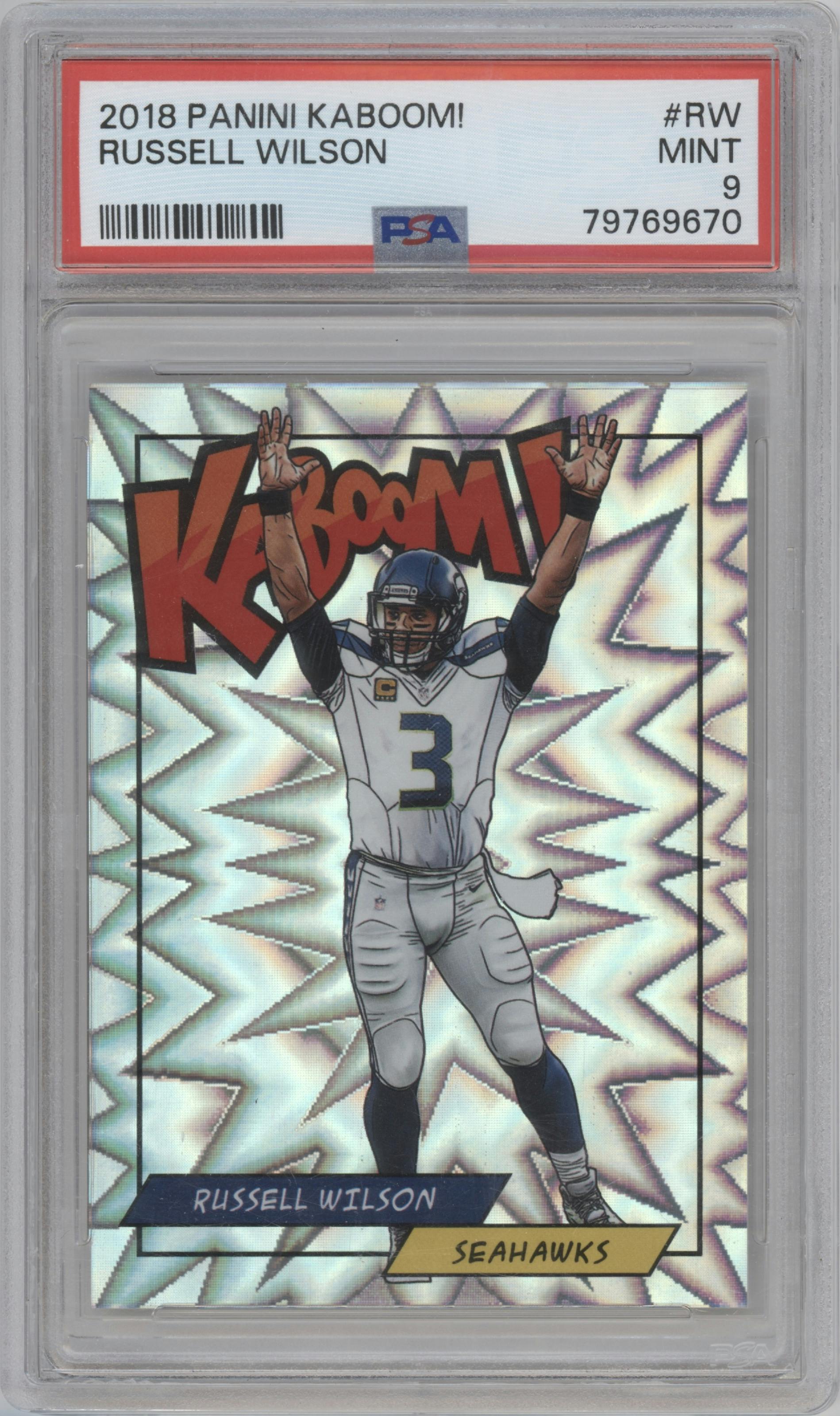 Russell Wilson from the 2018 Panini Kaboom Rewards Multi-Sport set graded by PSA and given an overall grade of 9.