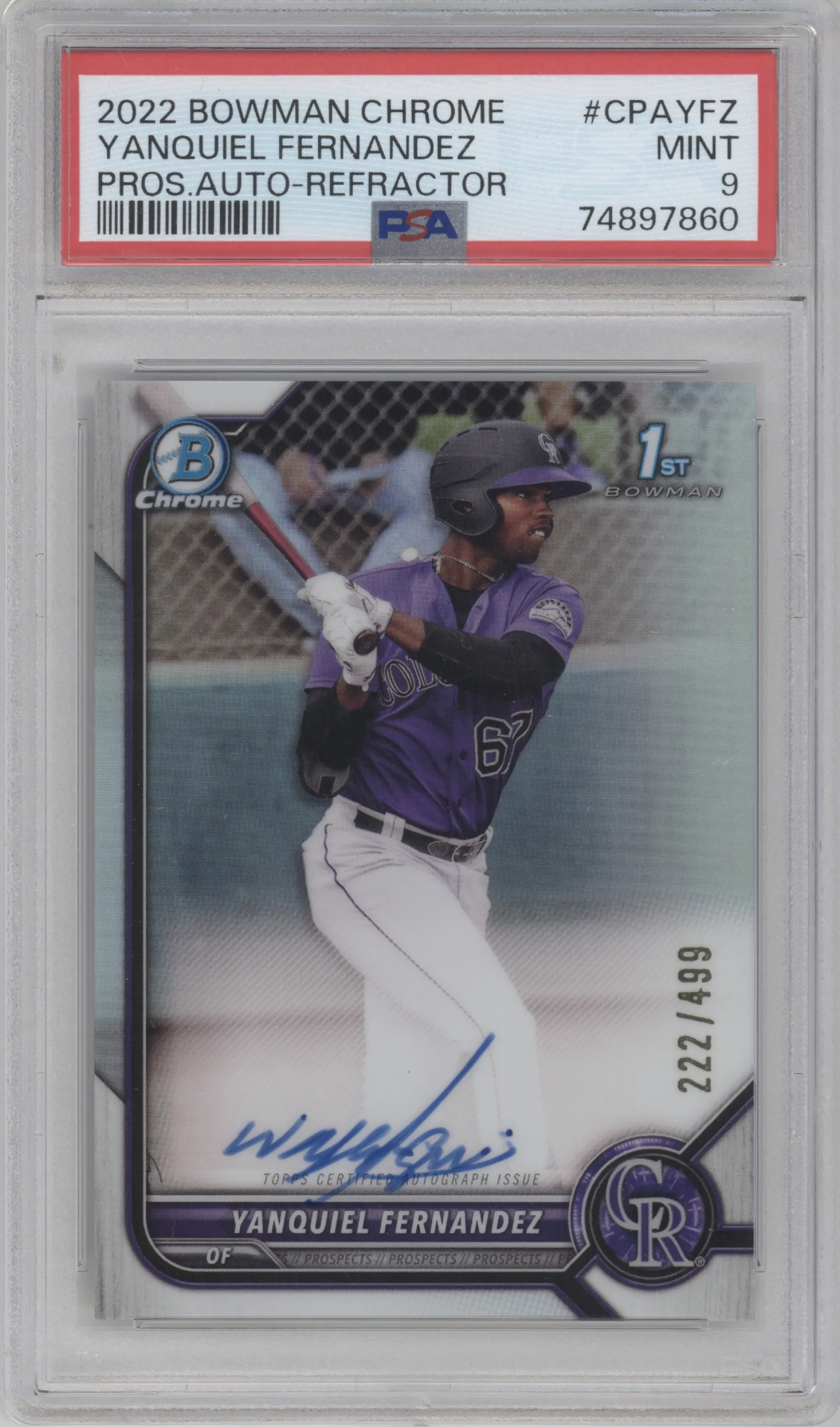 Yanquiel Fernandez from the 2022 Bowman Chrome set featuring a Refractor parallel graded by PSA and given an overall grade of 9.
