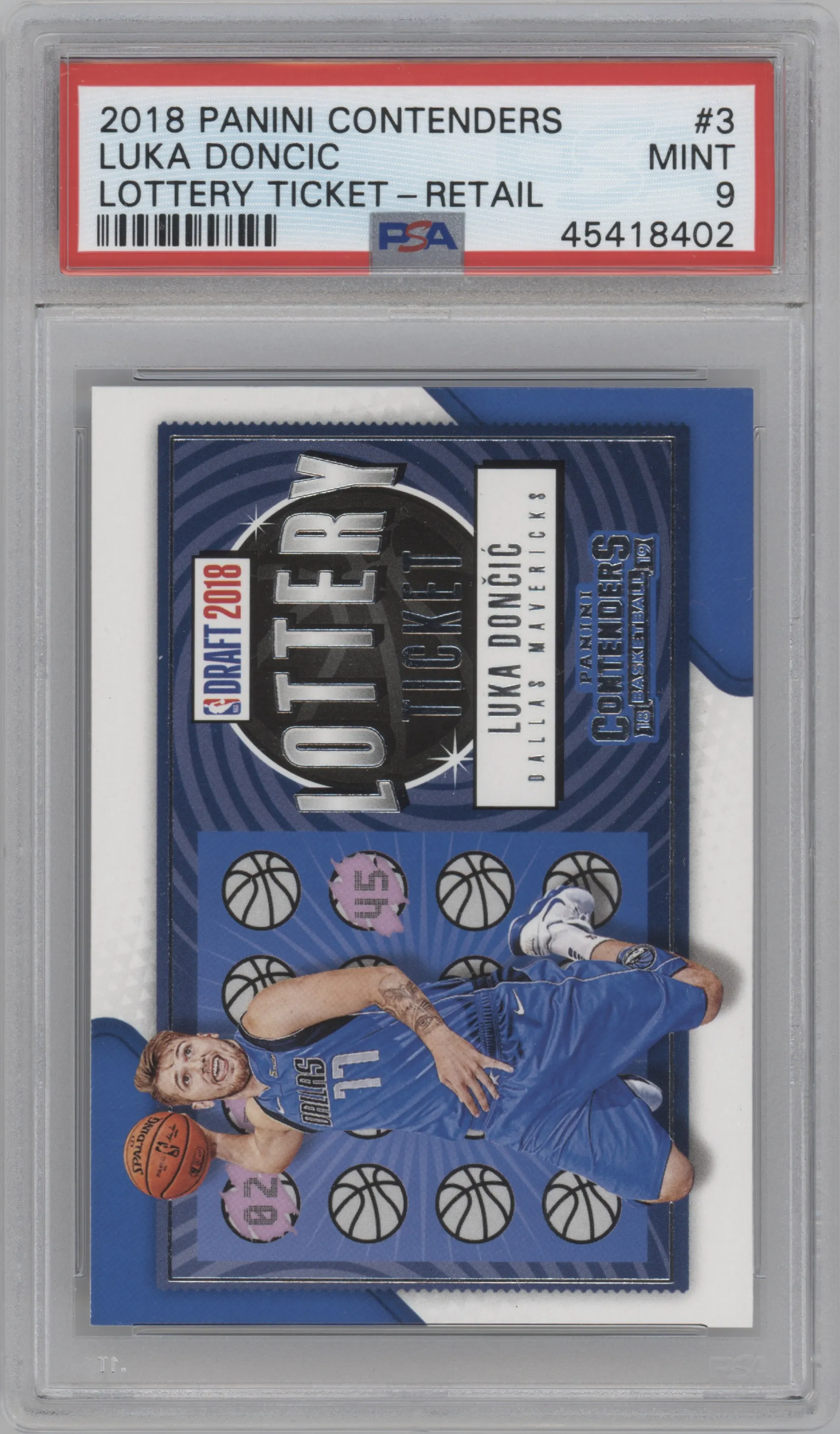 Luka Doncic from the 2018-19 Panini Contenders set featuring a Retail parallel graded by PSA and given an overall grade of 9.