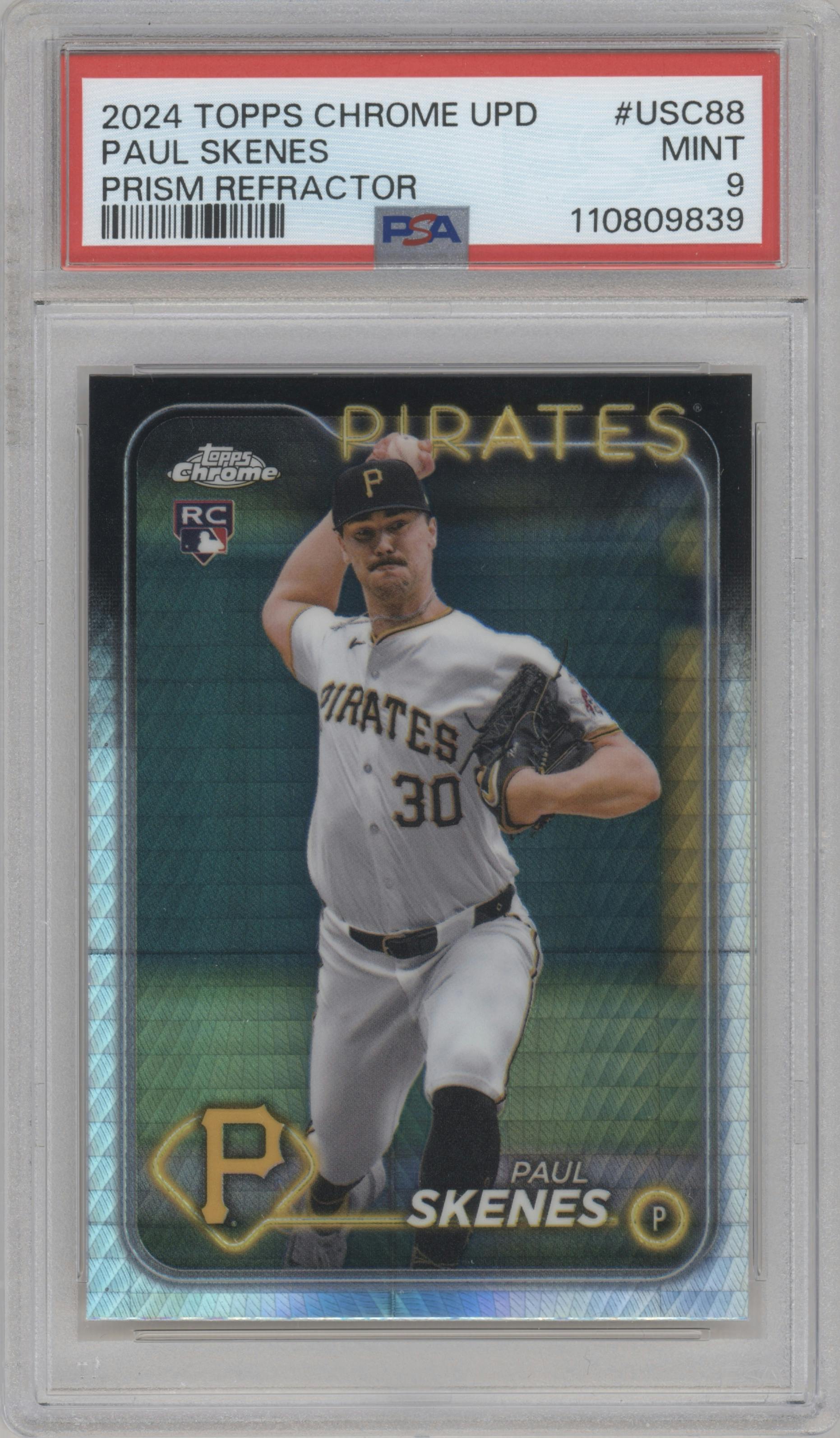 Paul Skenes from the 2024 Topps Chrome Update set featuring a Prism Refractors parallel graded by PSA and given an overall grade of 9.