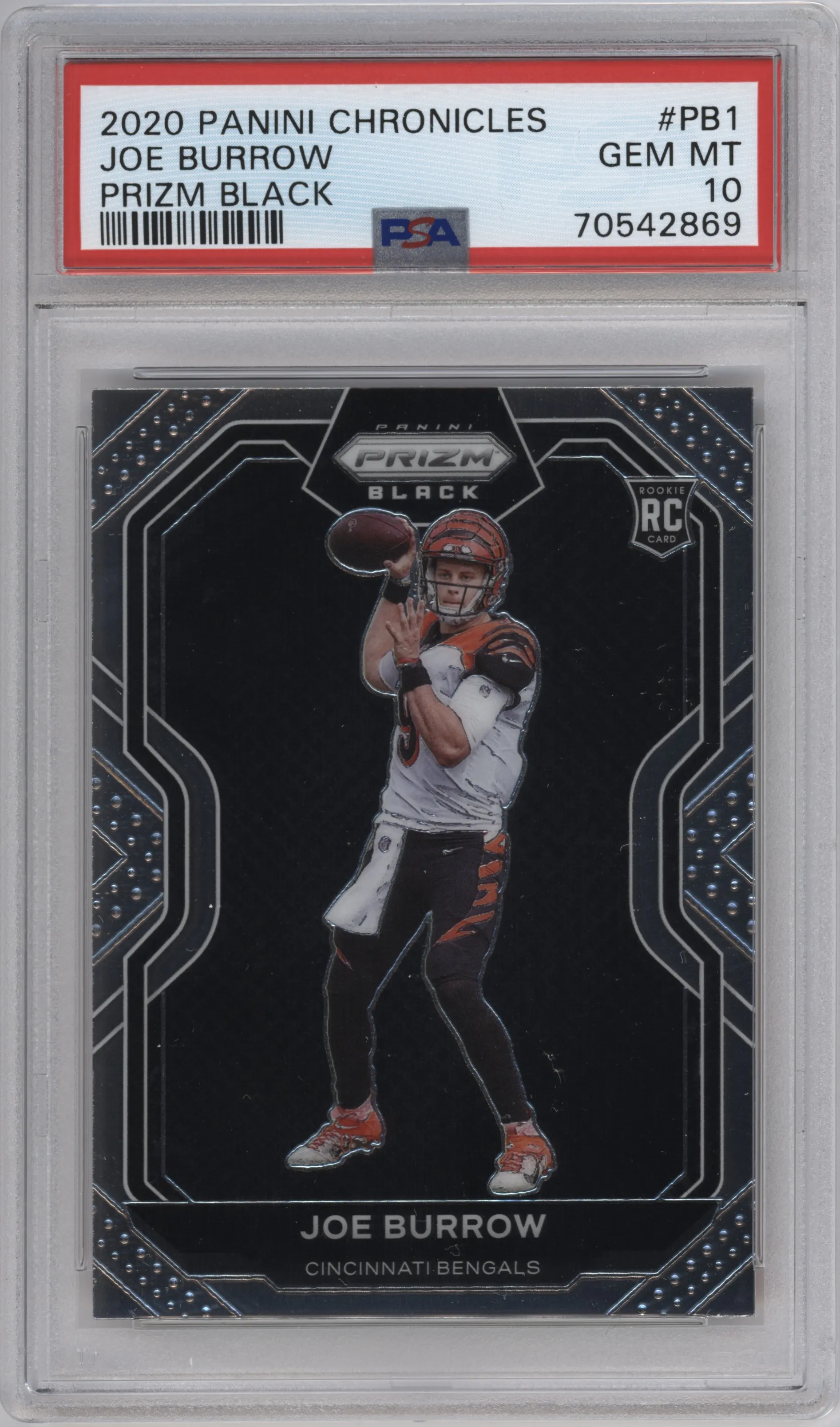 Joe Burrow from the 2020 Panini Chronicles set graded by PSA and given an overall grade of 10.