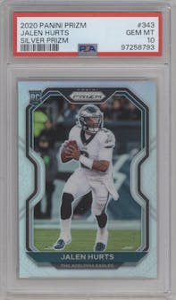 Jalen Hurts from the 2020 Panini Prizm set featuring a Silver Prizm parallel graded by PSA and given an overall grade of 10.