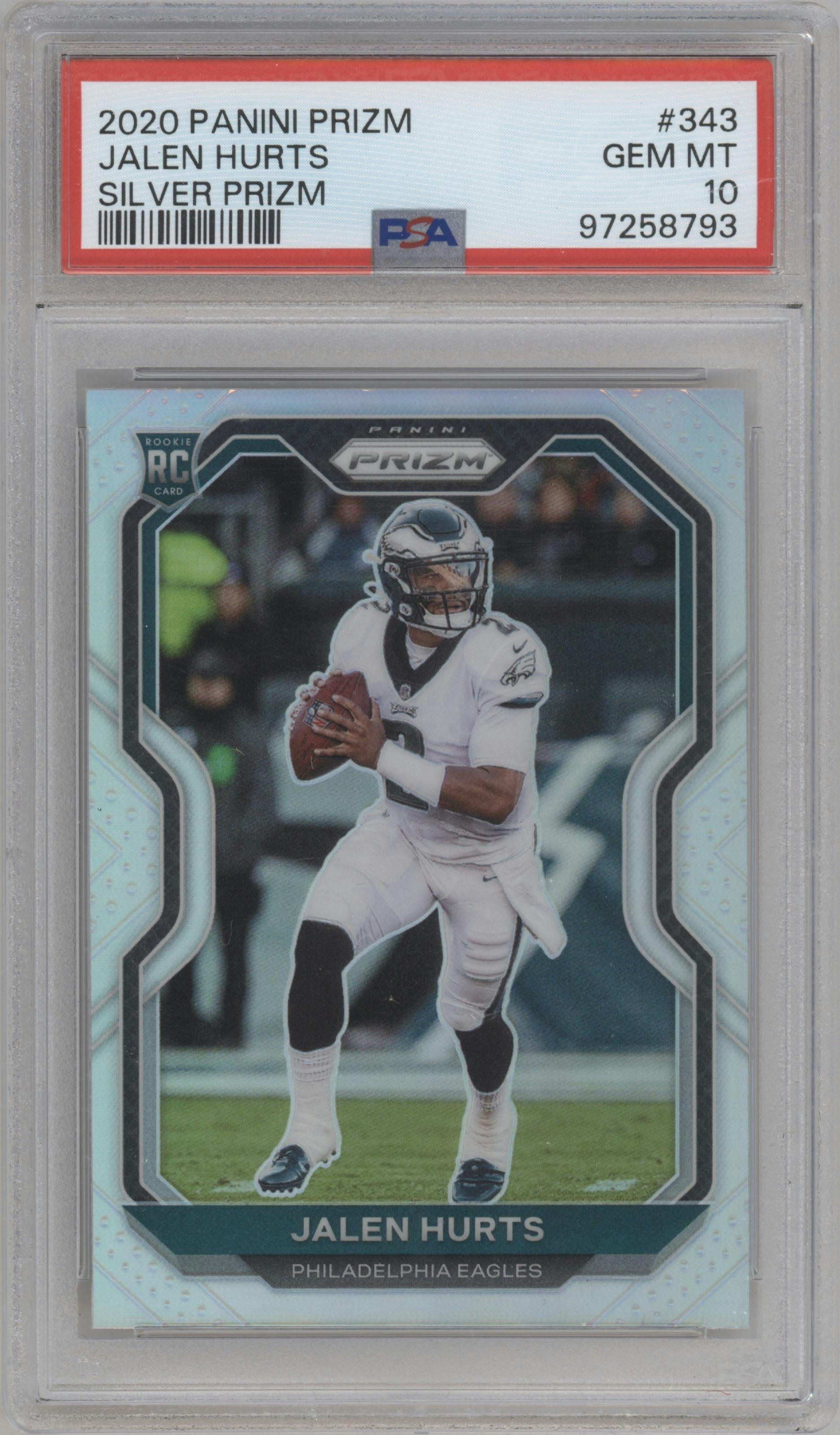Jalen Hurts from the 2020 Panini Prizm set featuring a Silver Prizm parallel graded by PSA and given an overall grade of 10.