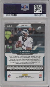 Jalen Hurts from the 2020 Panini Prizm set featuring a Silver Prizm parallel graded by PSA and given an overall grade of 10.