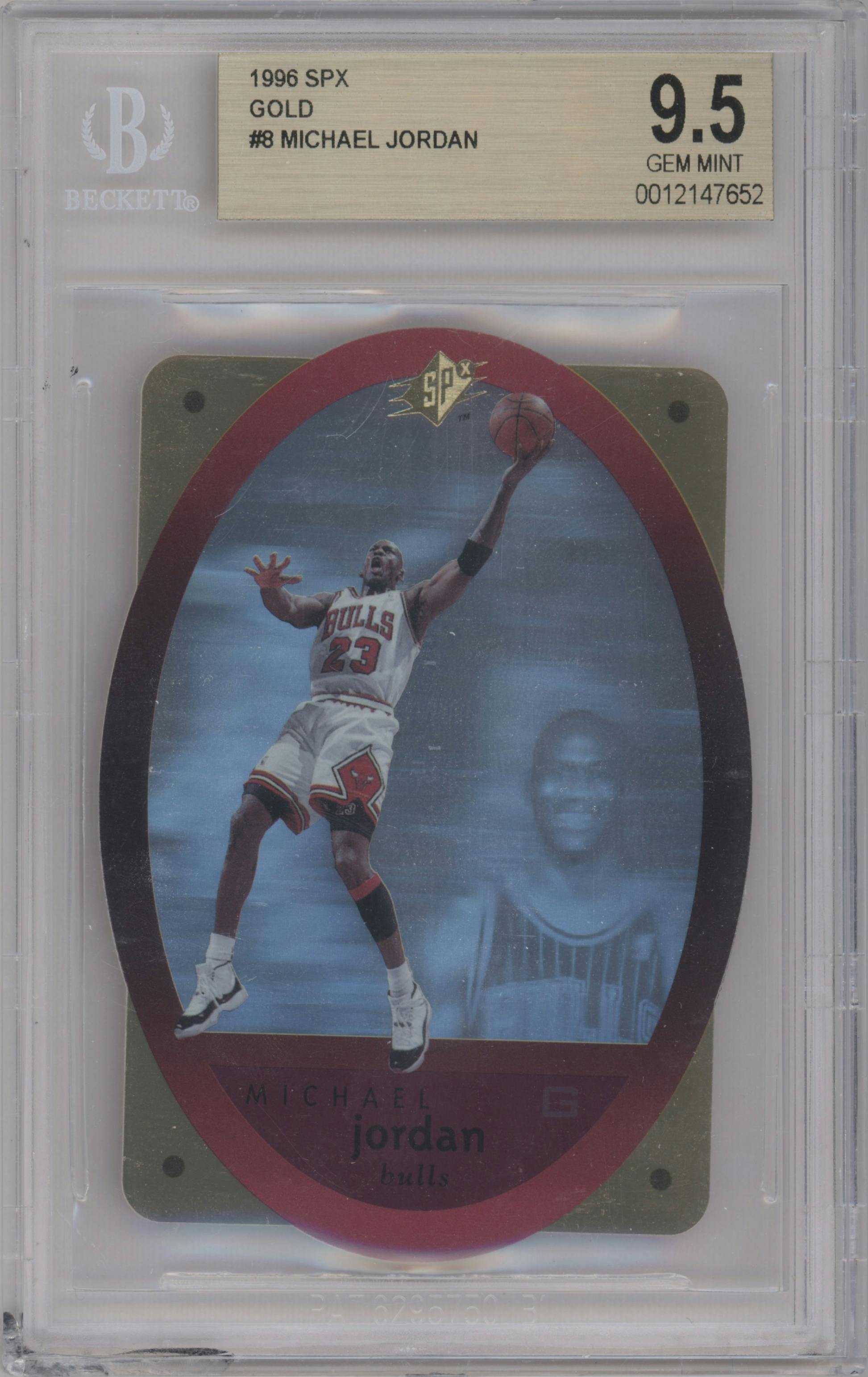 Michael Jordan from the 1996-97 SPX set featuring a Gold parallel graded by Beckett and given an overall grade of 9.5.