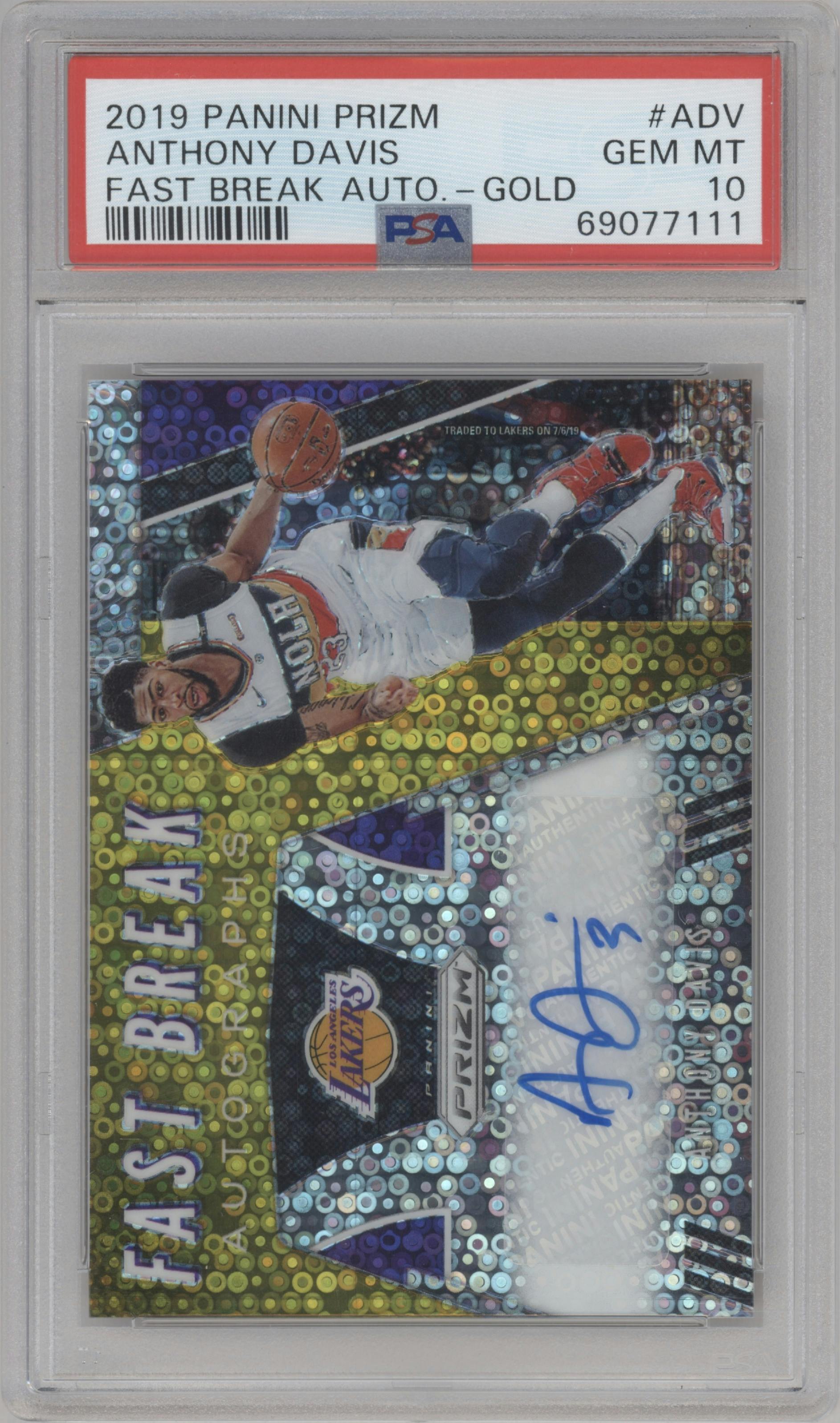 Anthony Davis from the 2019-20 Panini Prizm set featuring a Gold parallel graded by PSA and given an overall grade of 10.