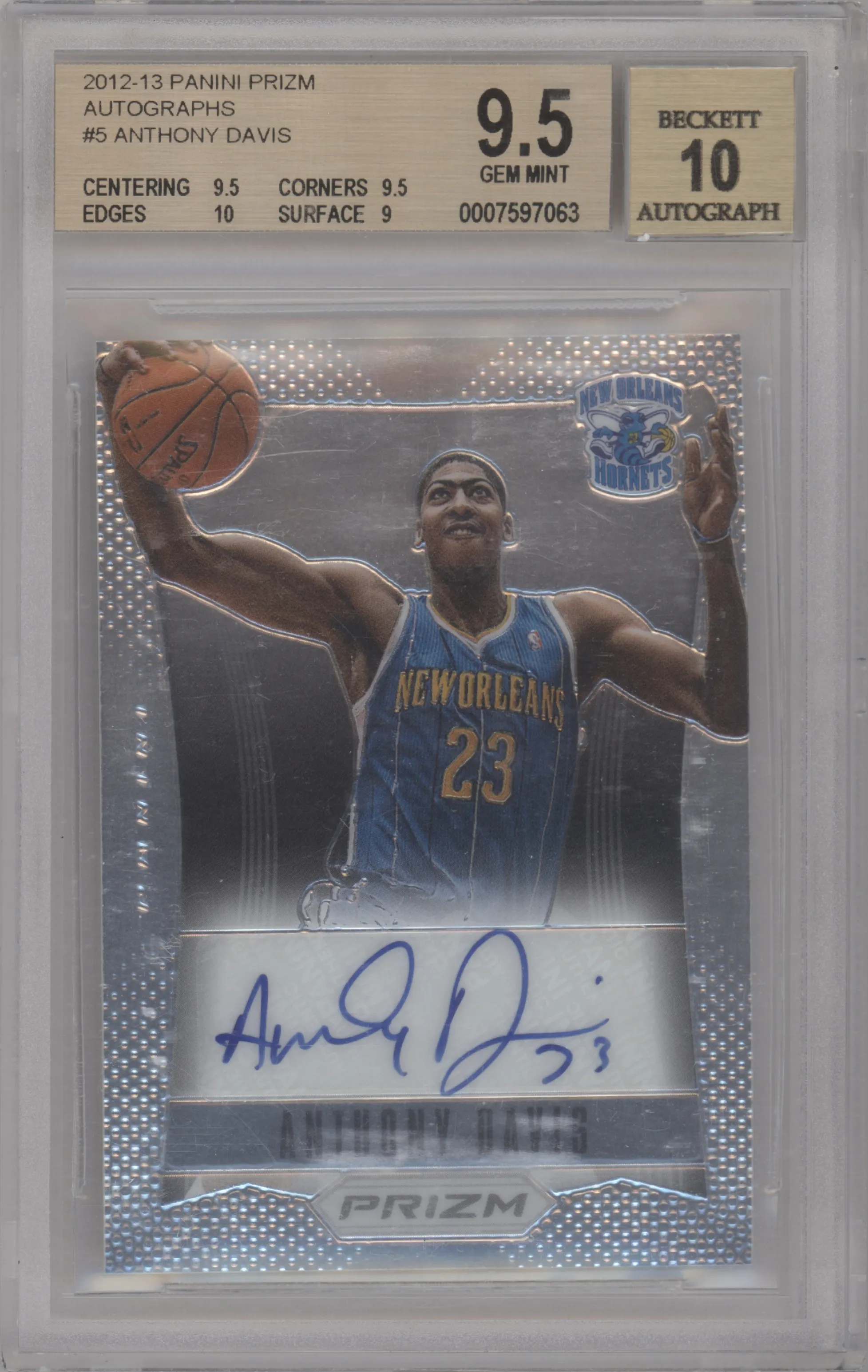 Anthony Davis from the 2012-13 Panini Prizm set graded by Beckett and given an overall grade of 9.5.