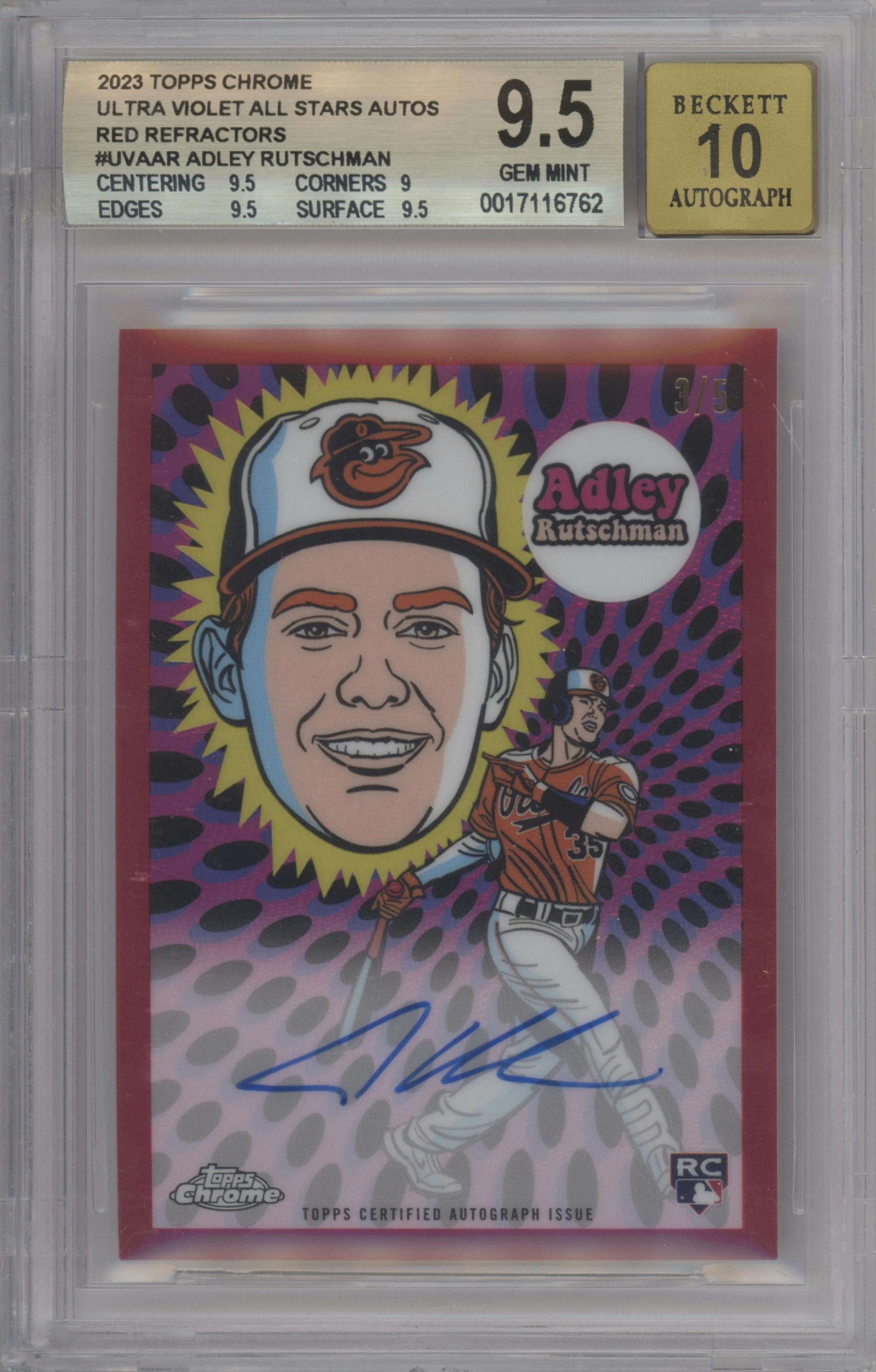 Adley Rutschman  from the 2023 Topps Chrome set featuring a Red Refractor parallel graded by Beckett and given an overall grade of 9.5.