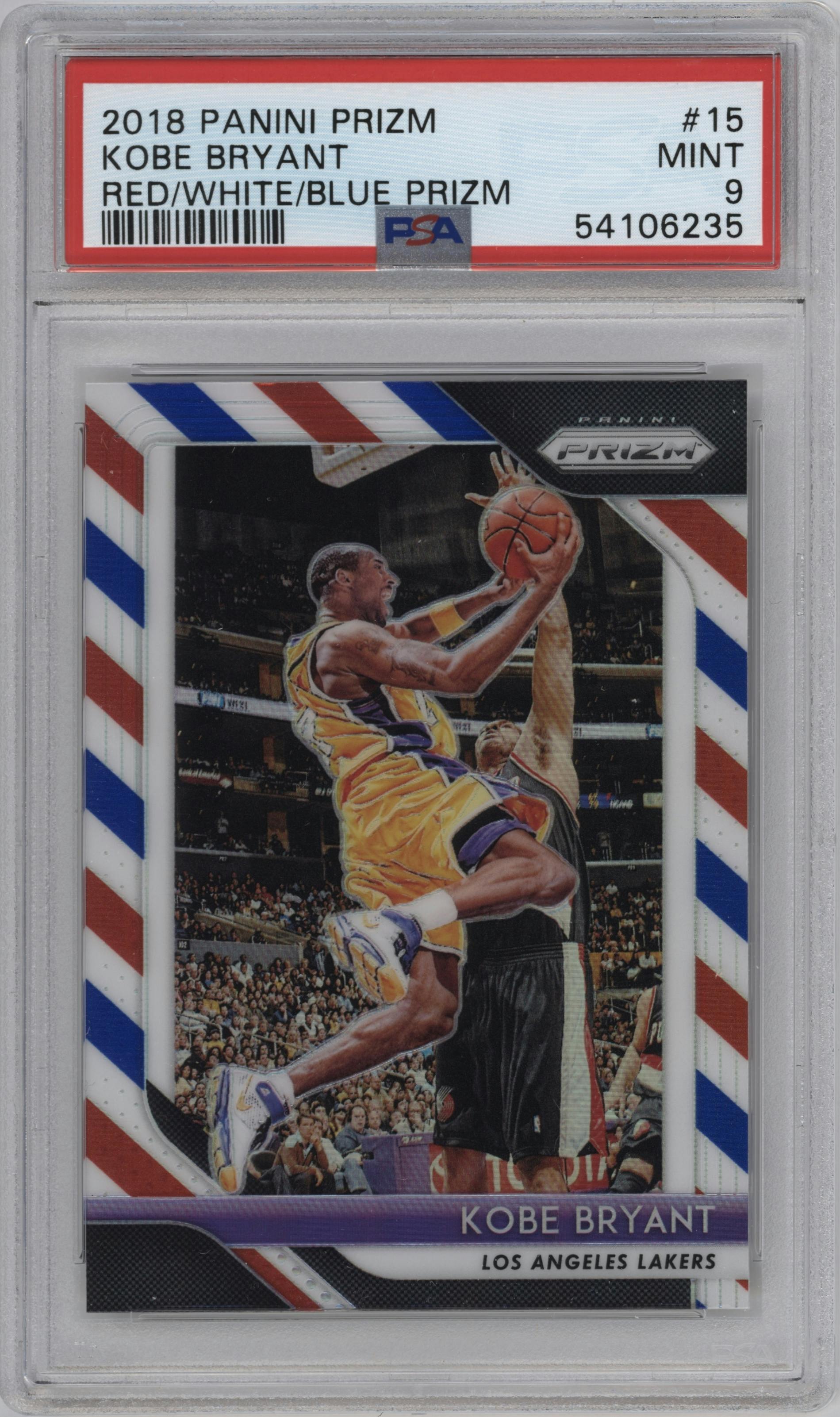 Kobe Bryant from the 2018-19 Panini Prizm set featuring a Red White Blue Prizm parallel graded by PSA and given an overall grade of 9.
