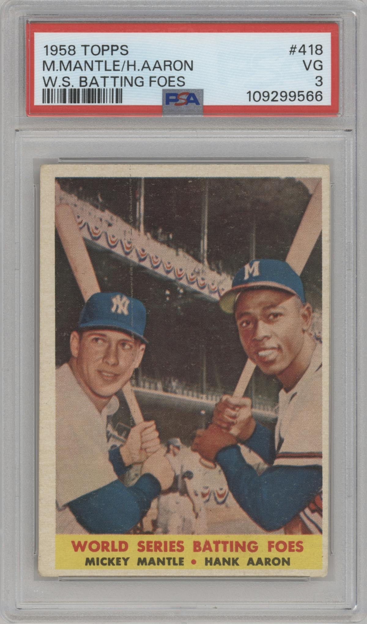 Mickey Mantle/Hank Aaron from the 1958 Topps set graded by PSA and given an overall grade of 3.