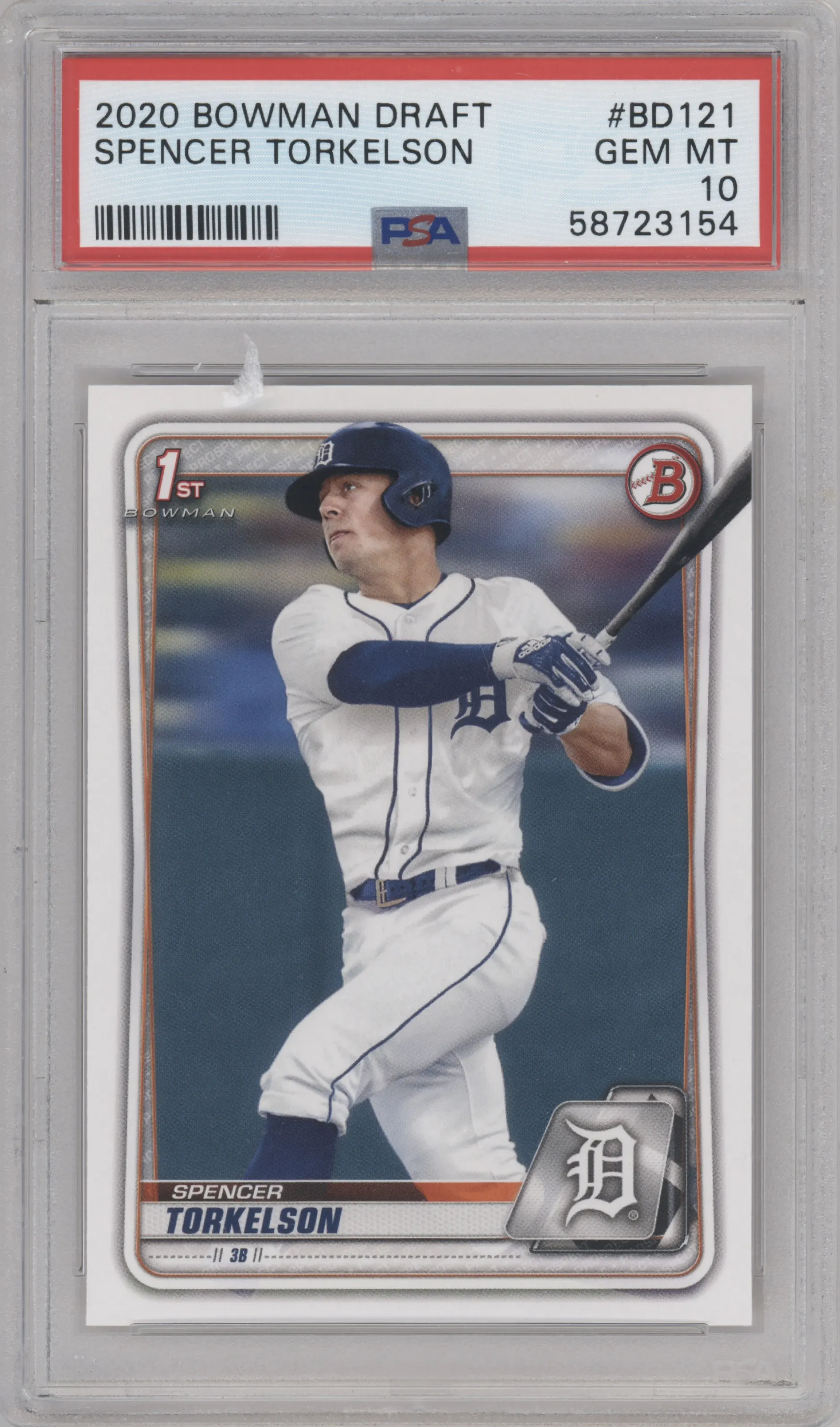 Spencer Torkelson from the 2020 Bowman Draft set graded by PSA and given an overall grade of 10.