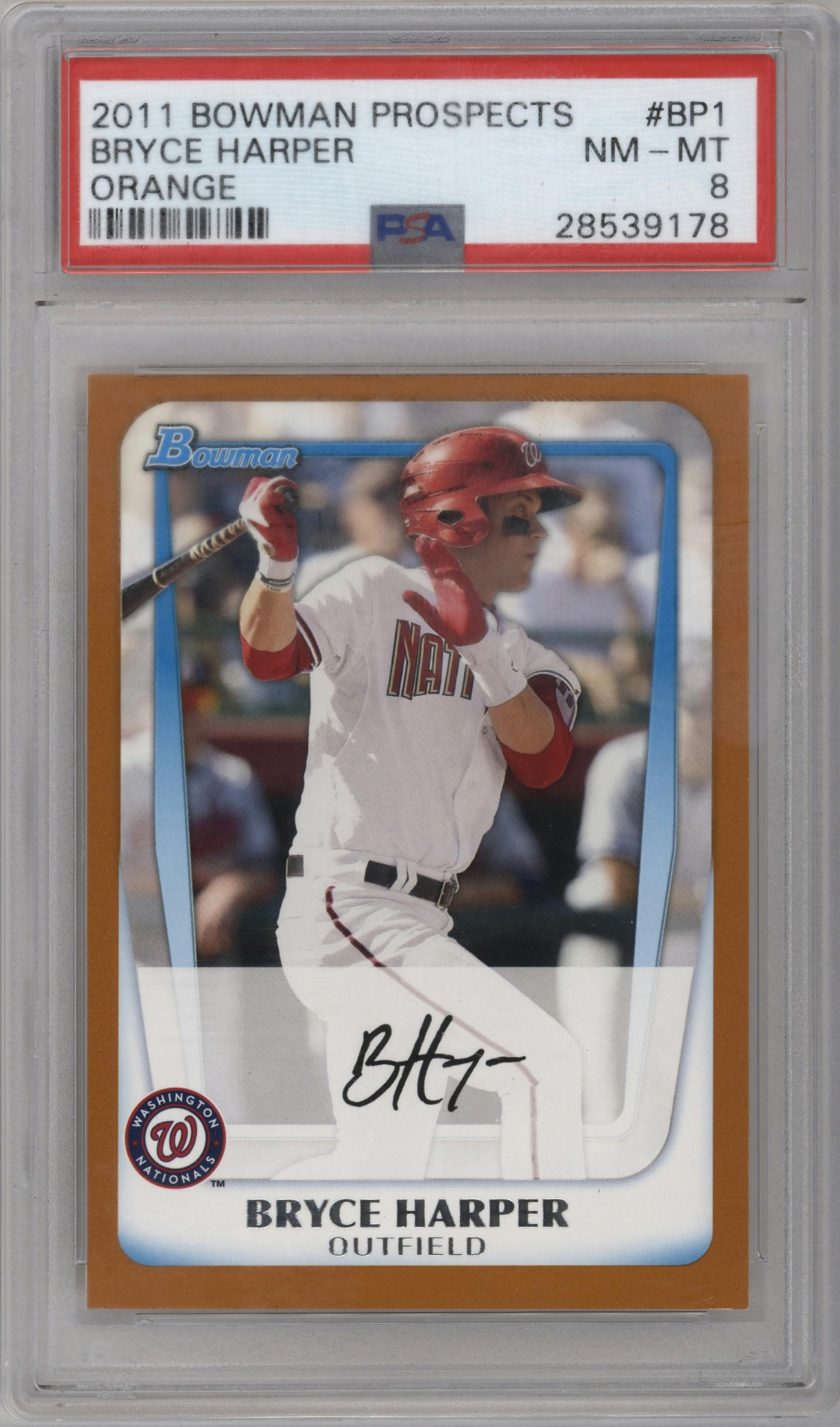 Bryce Harper from the 2011 Bowman set featuring a Orange parallel graded by PSA and given an overall grade of 8.