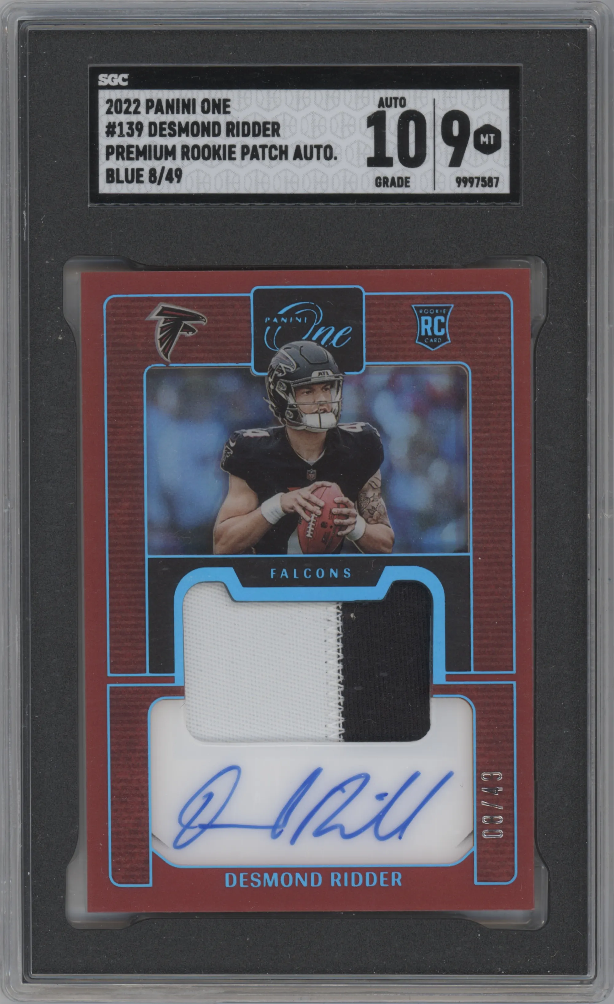 Desmond Ridder from the 2022 Panini One set featuring a  Blue parallel graded by SGC and given an overall grade of 9.