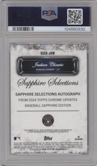 Jackson Chourio from the 2024 Topps Chrome Update Sapphire Edition set featuring a Orange Refractor parallel graded by PSA and given an overall grade of 10.
