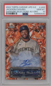 Jackson Chourio from the 2024 Topps Chrome Update Sapphire Edition set featuring a Orange Refractor parallel graded by PSA and given an overall grade of 10.
