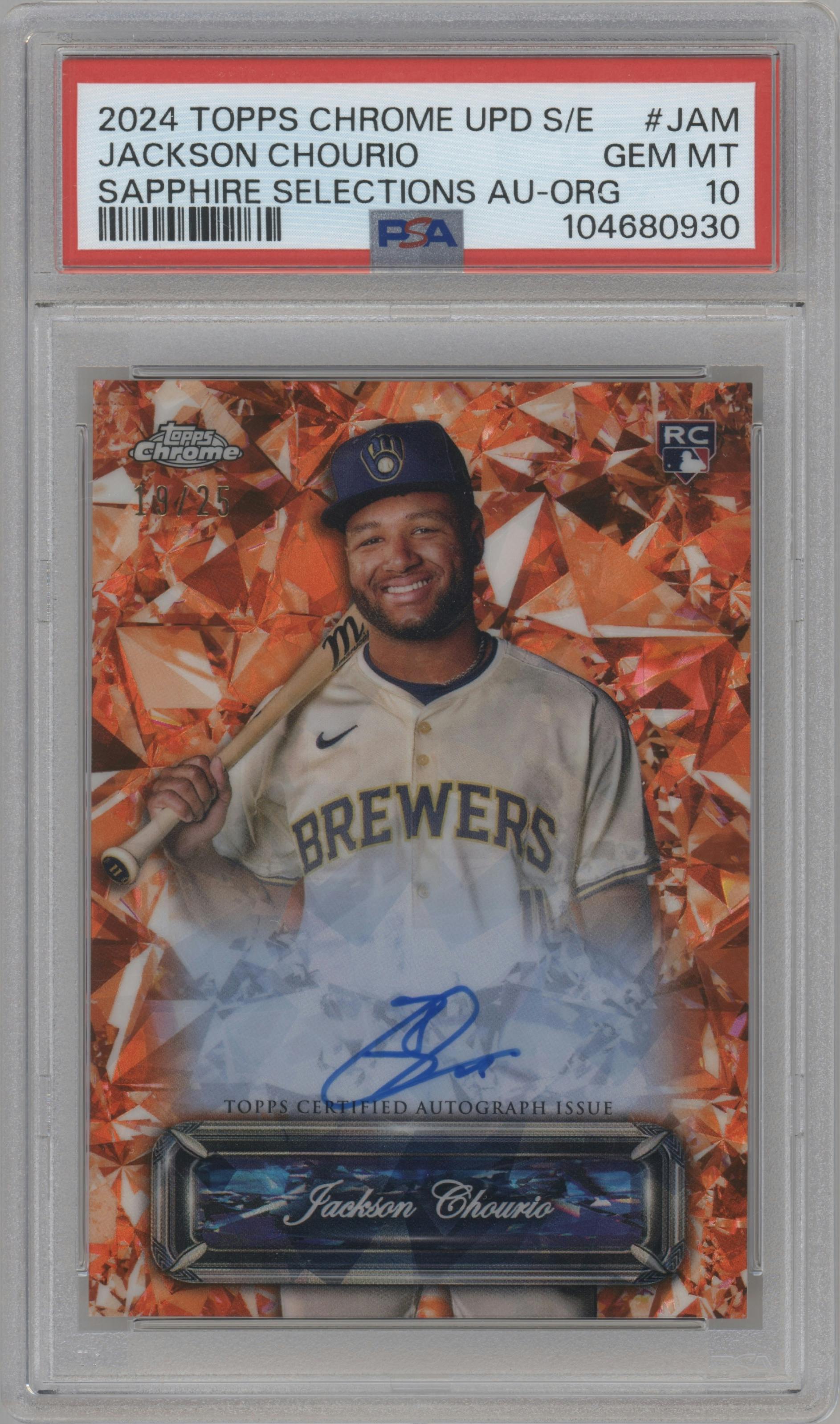 Jackson Chourio from the 2024 Topps Chrome Update Sapphire Edition set featuring a Orange Refractor parallel graded by PSA and given an overall grade of 10.