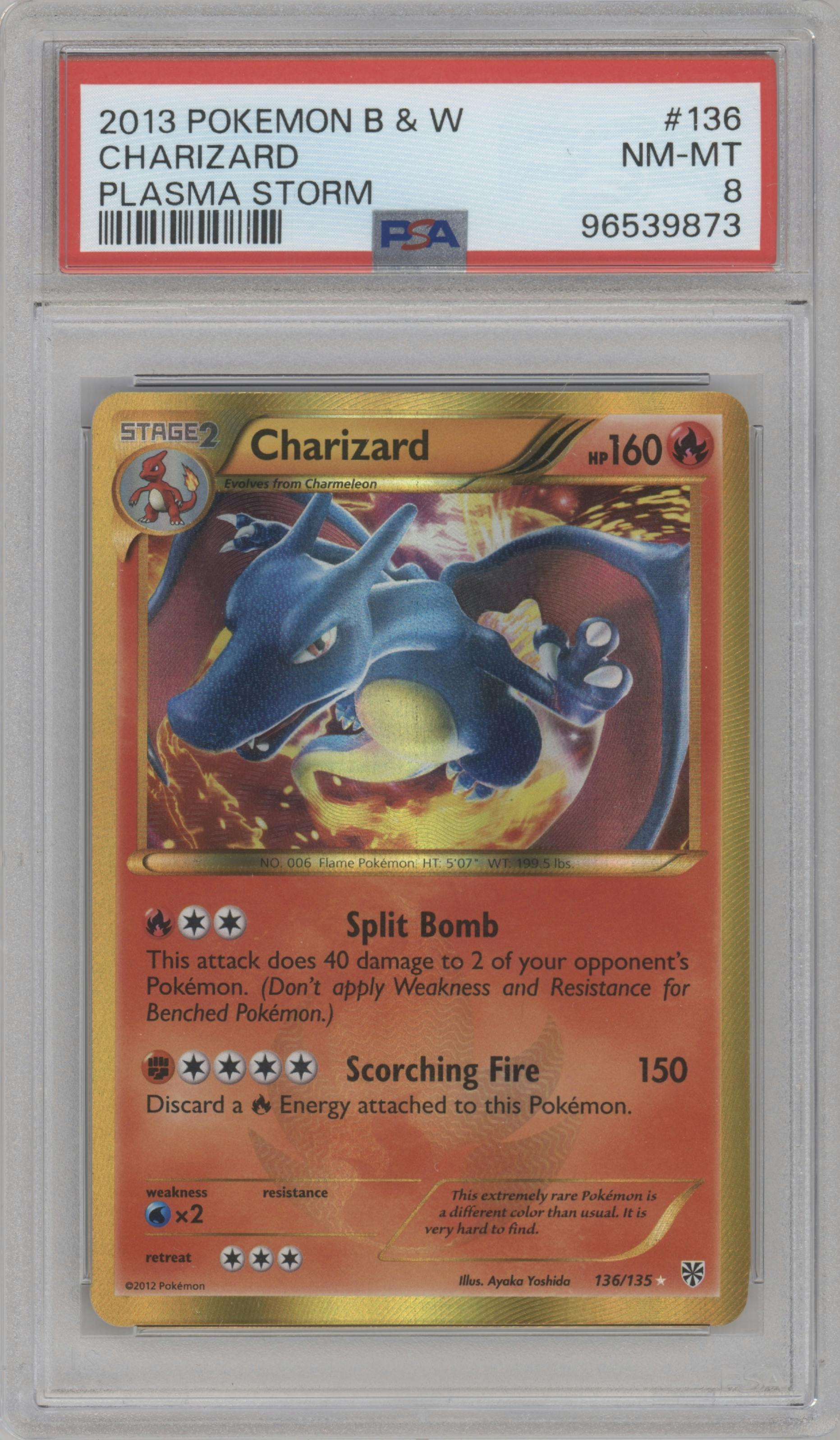 Charizard from the 2013 Pokemon B&W set graded by PSA and given an overall grade of 8.
