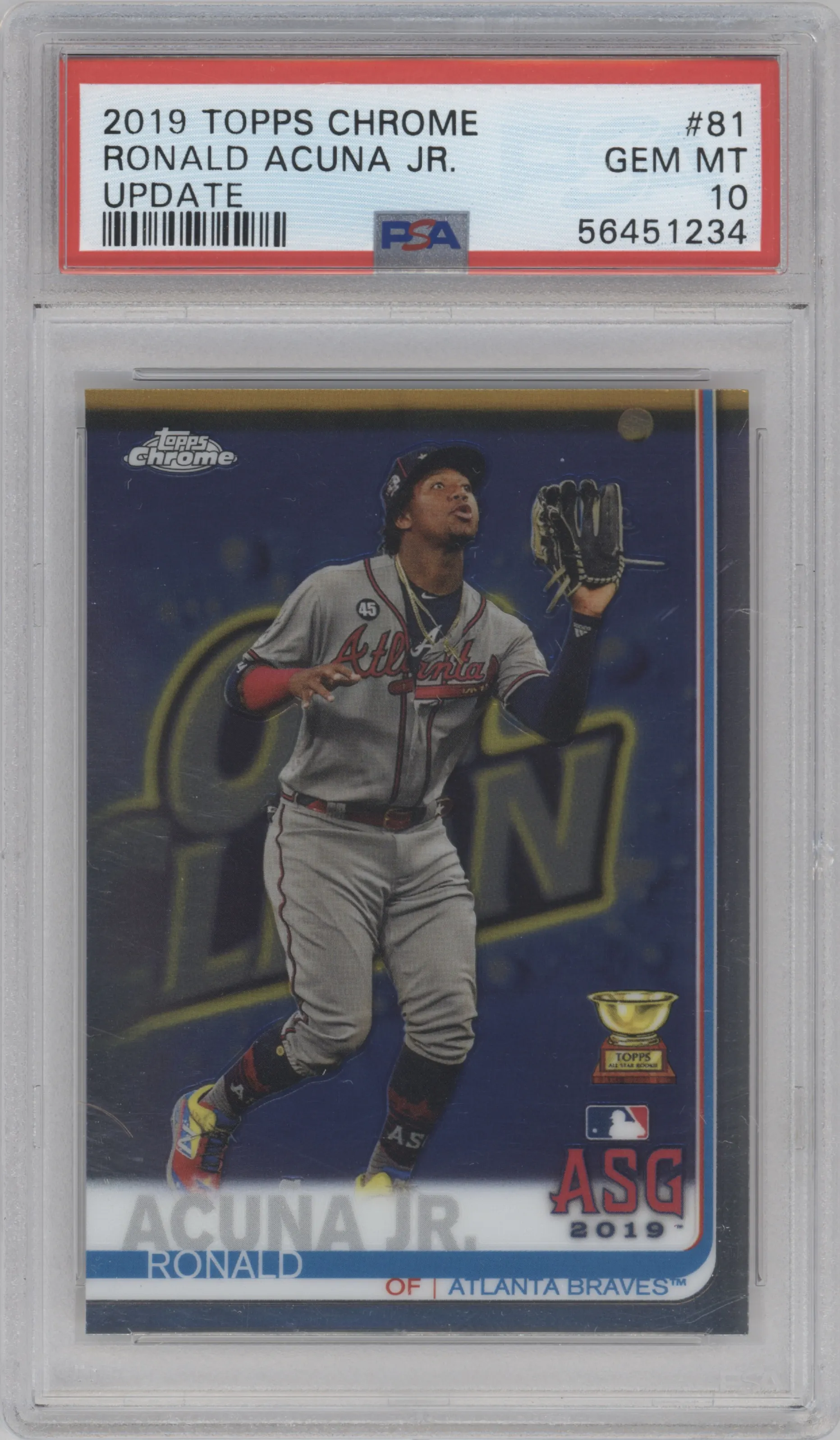 Ronald Acuna Jr. from the 2019 Topps Chrome Update set graded by PSA and given an overall grade of 10.