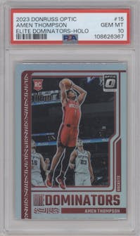 Amen Thompson from the 2023-24 Donruss Optic set featuring a Holo parallel graded by PSA and given an overall grade of 10.
