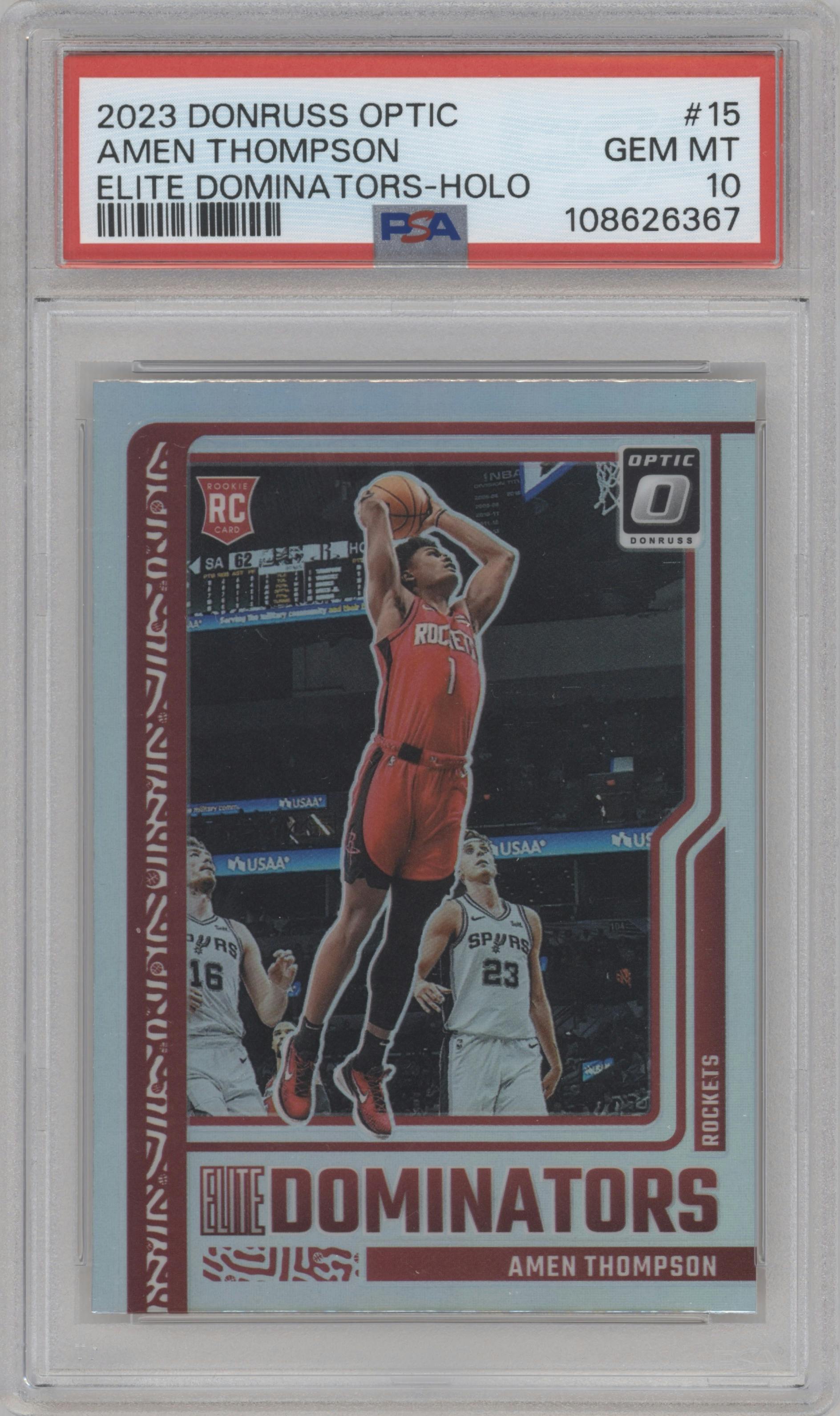 Amen Thompson from the 2023-24 Donruss Optic set featuring a Holo parallel graded by PSA and given an overall grade of 10.