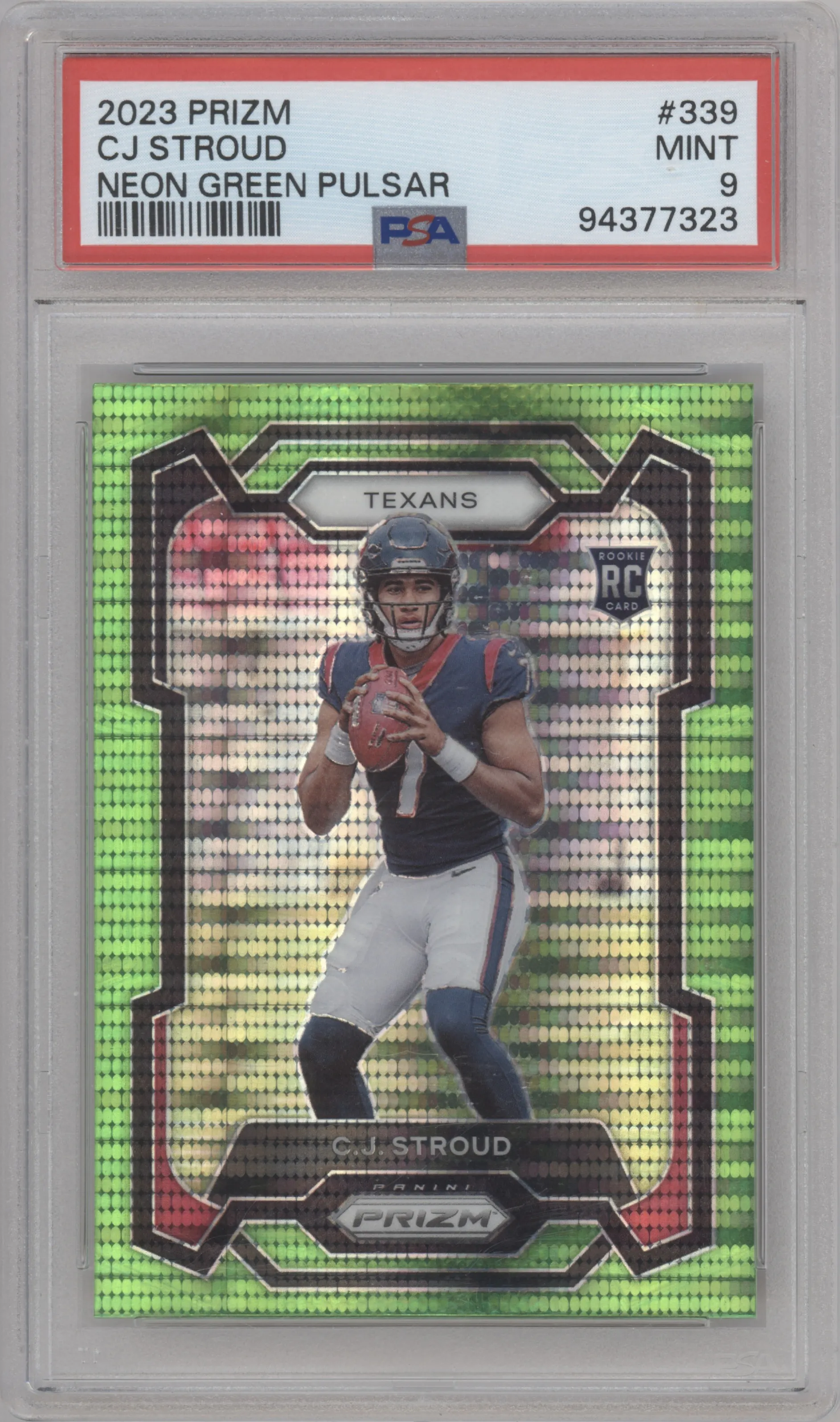 C.J. Stroud from the 2023 Panini Prizm set featuring a Neon Green Pulsar parallel graded by PSA and given an overall grade of 9.