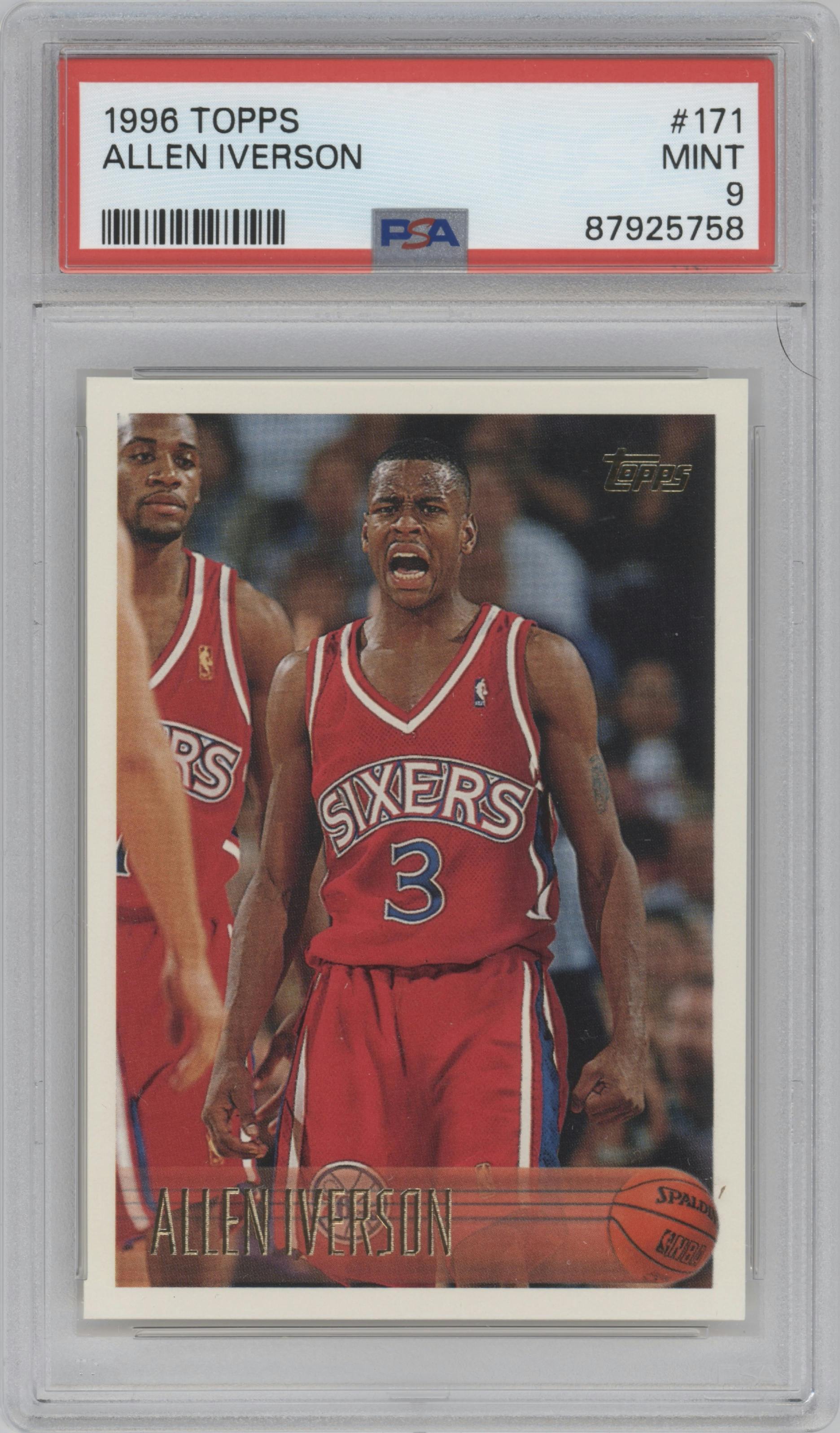 Allen Iverson from the 1996-97 Topps set graded by PSA and given an overall grade of 9.