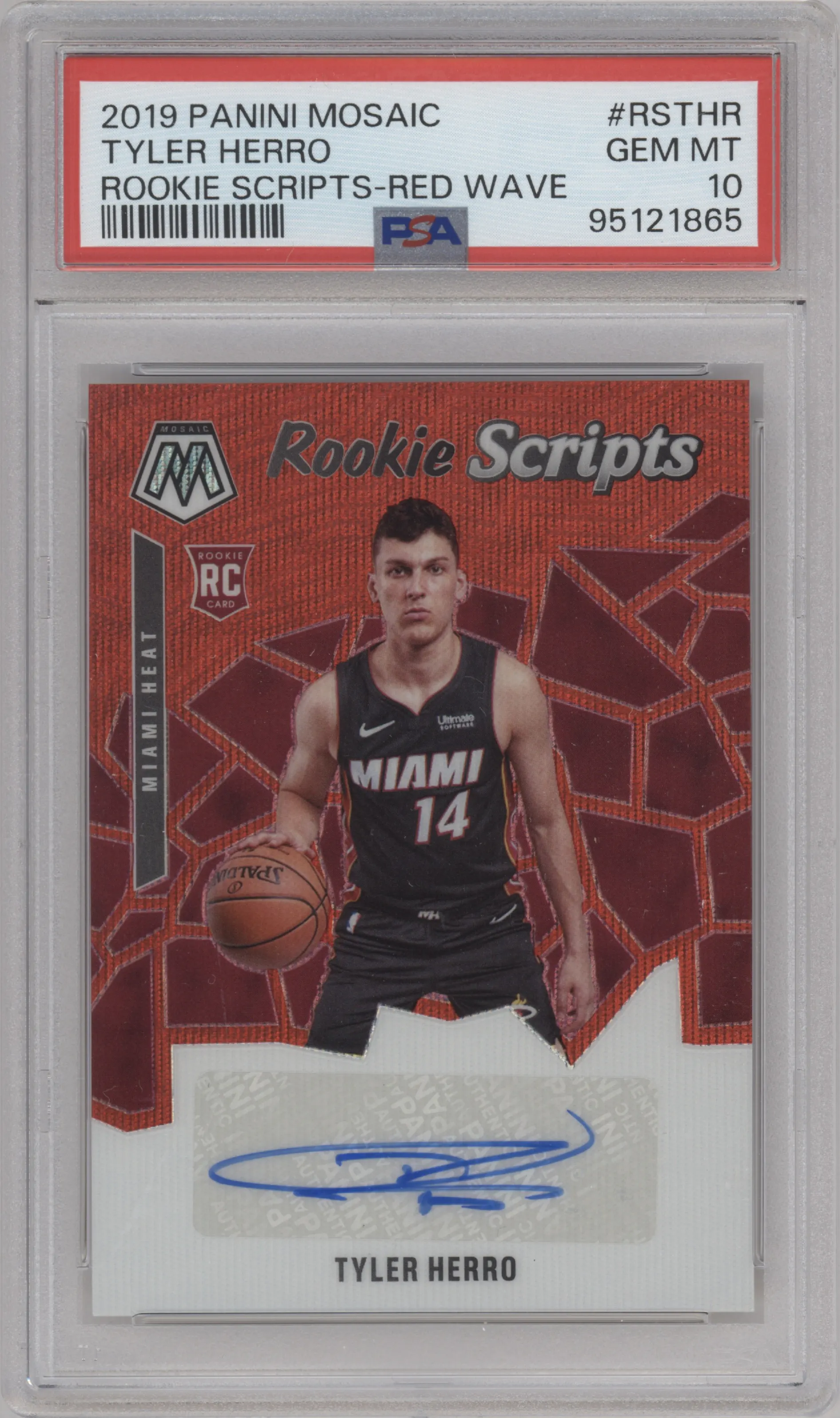 Tyler Herro from the 2019-20 Panini Mosaic  set featuring a Red Wave parallel graded by PSA and given an overall grade of 10.