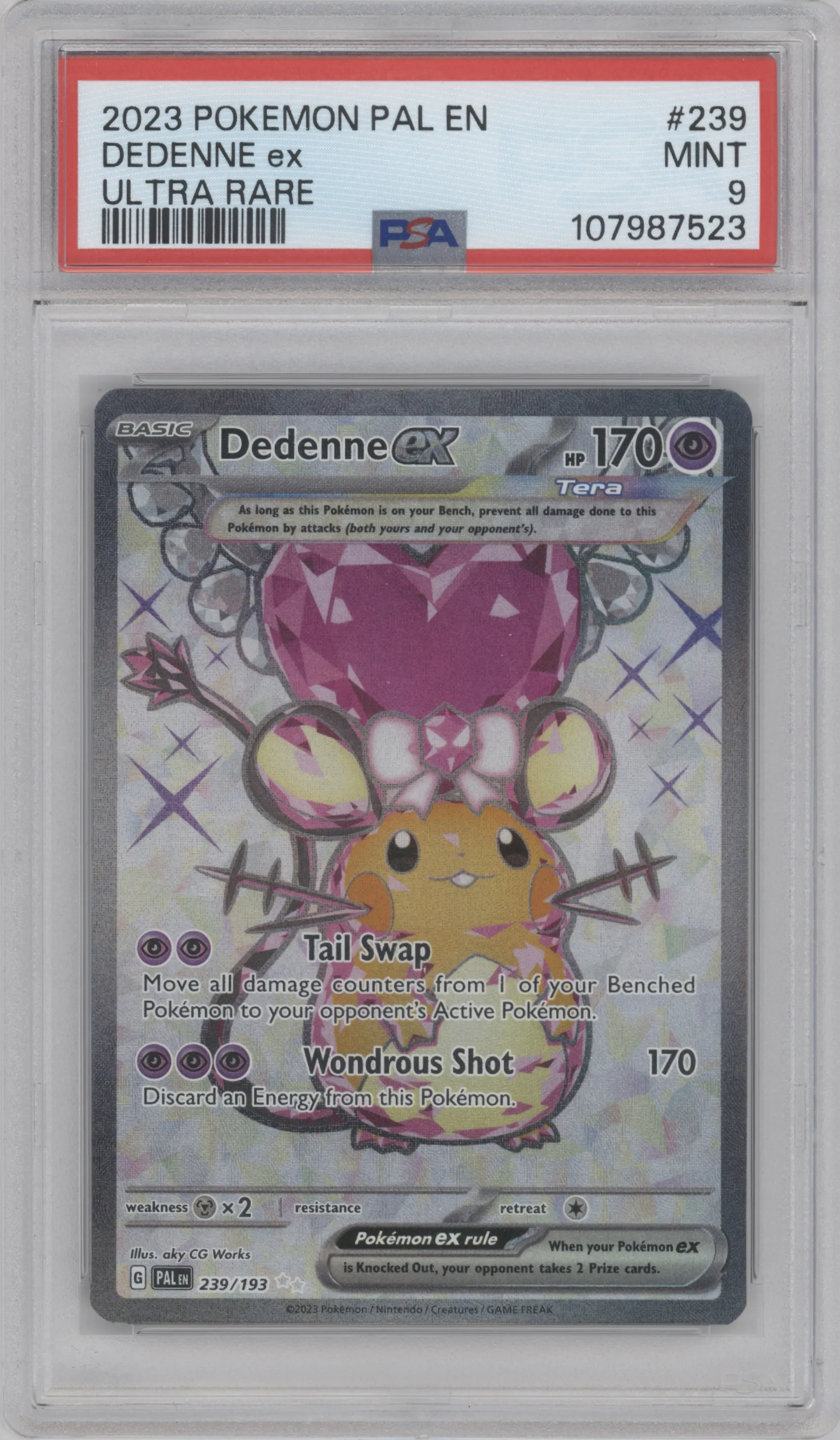 Dedenne ex from the 2023 Pokemon SV set graded by PSA and given an overall grade of 9.