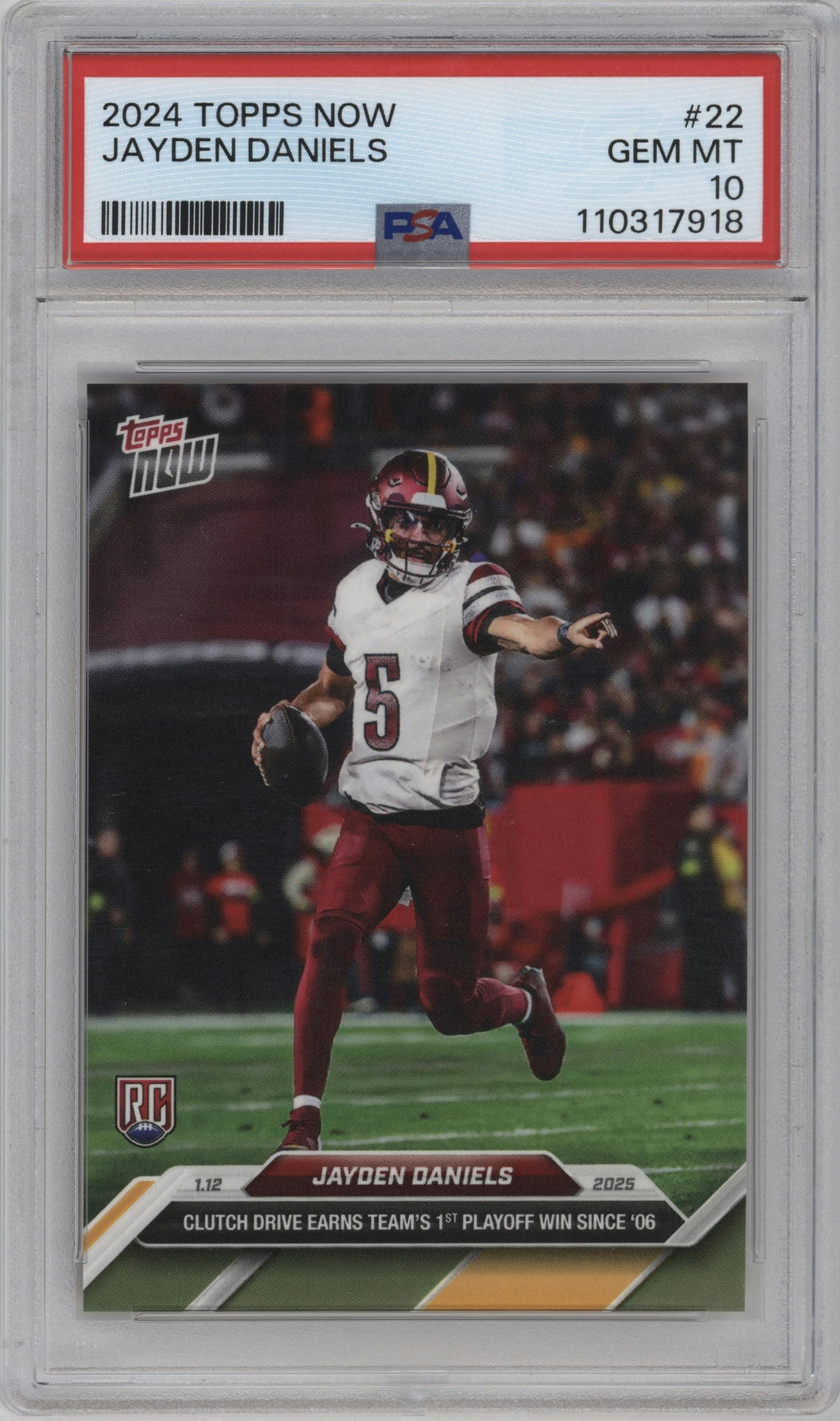 Jayden Daniels from the 2024 Topps Now set graded by PSA and given an overall grade of 10.
