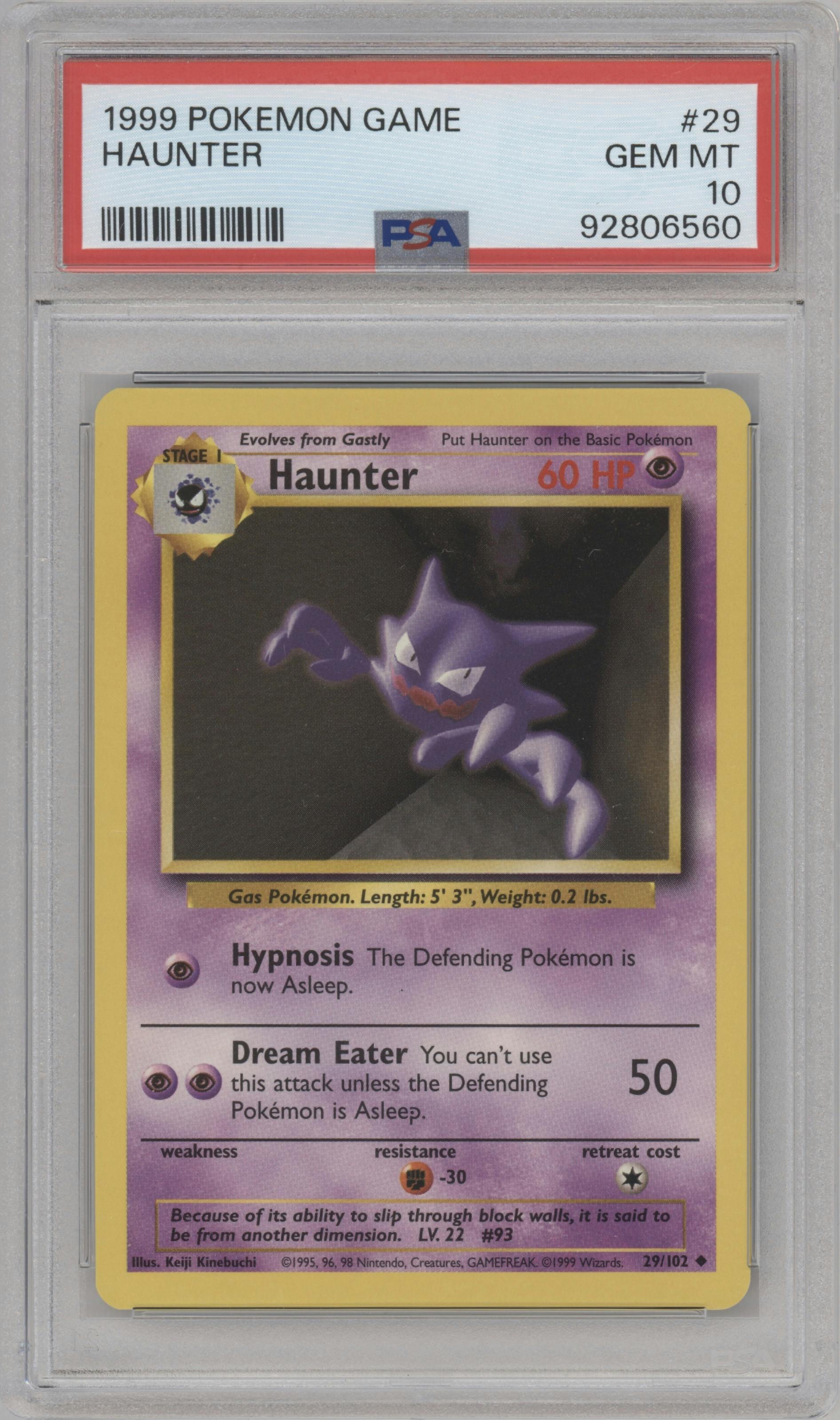 Haunter from the 1999 Pokemon set graded by PSA and given an overall grade of 10.