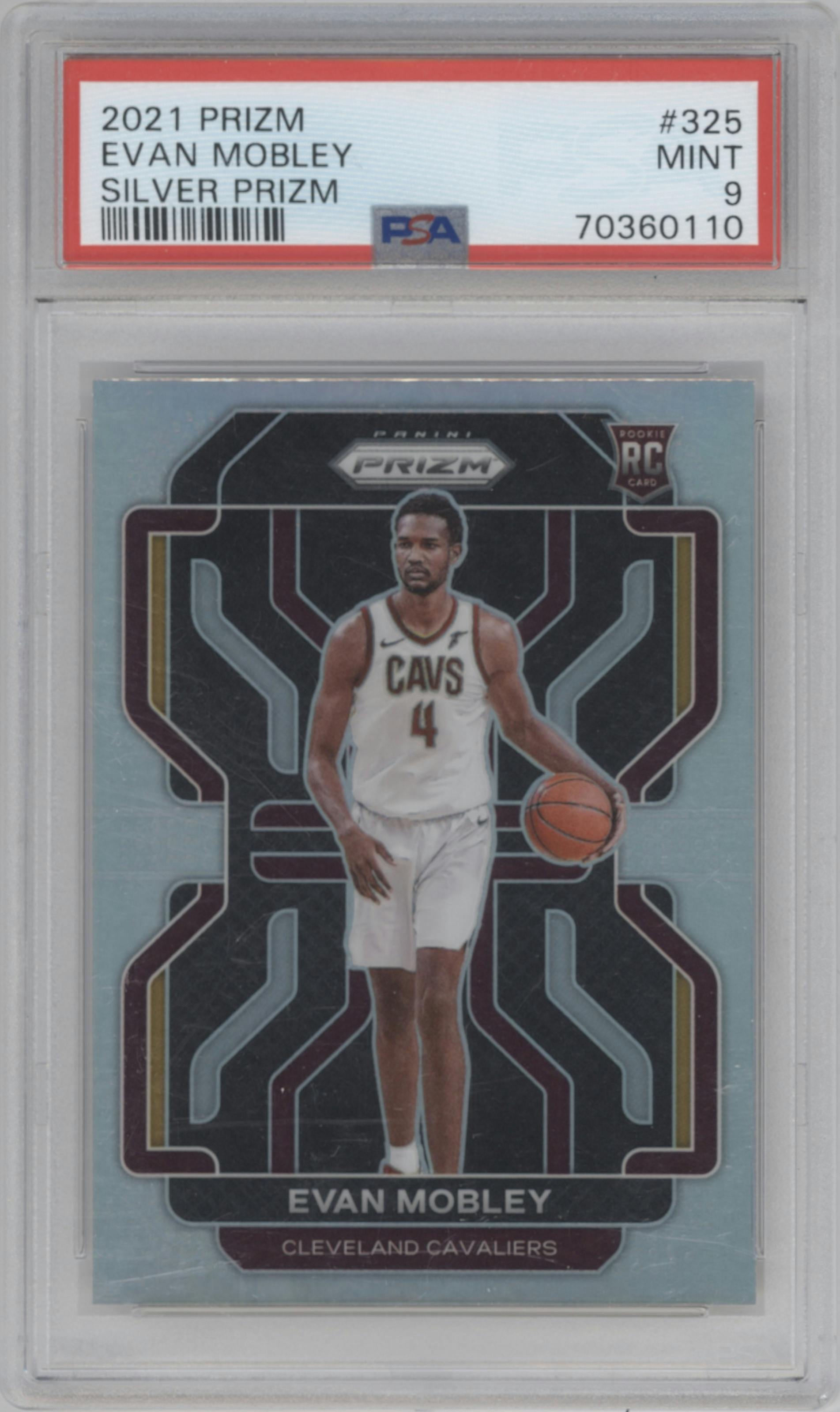 Evan Mobley from the 2021-22 Panini Prizm  set featuring a Silver Prizm parallel graded by PSA and given an overall grade of 9.