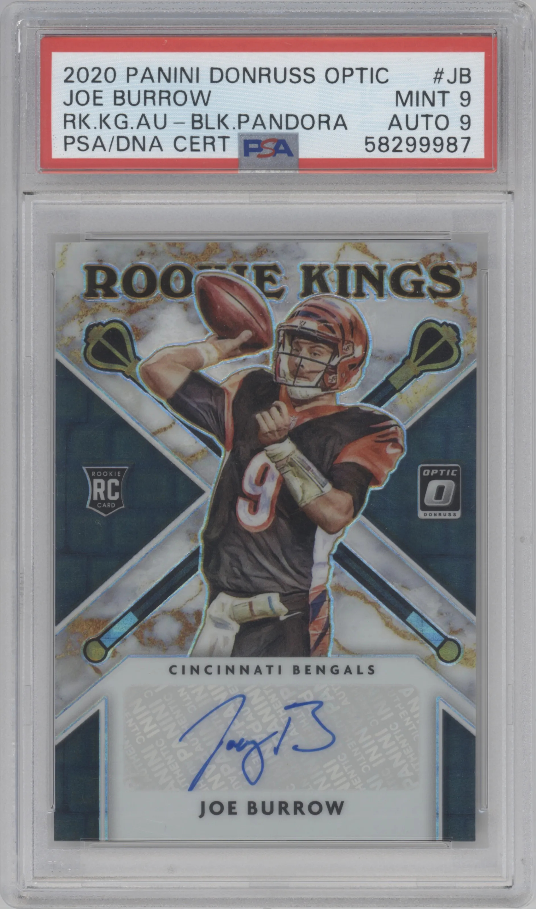Joe Burrow from the 2020 Panini Donruss Optic set featuring a Black Pandora parallel graded by PSA and given an overall grade of 9.