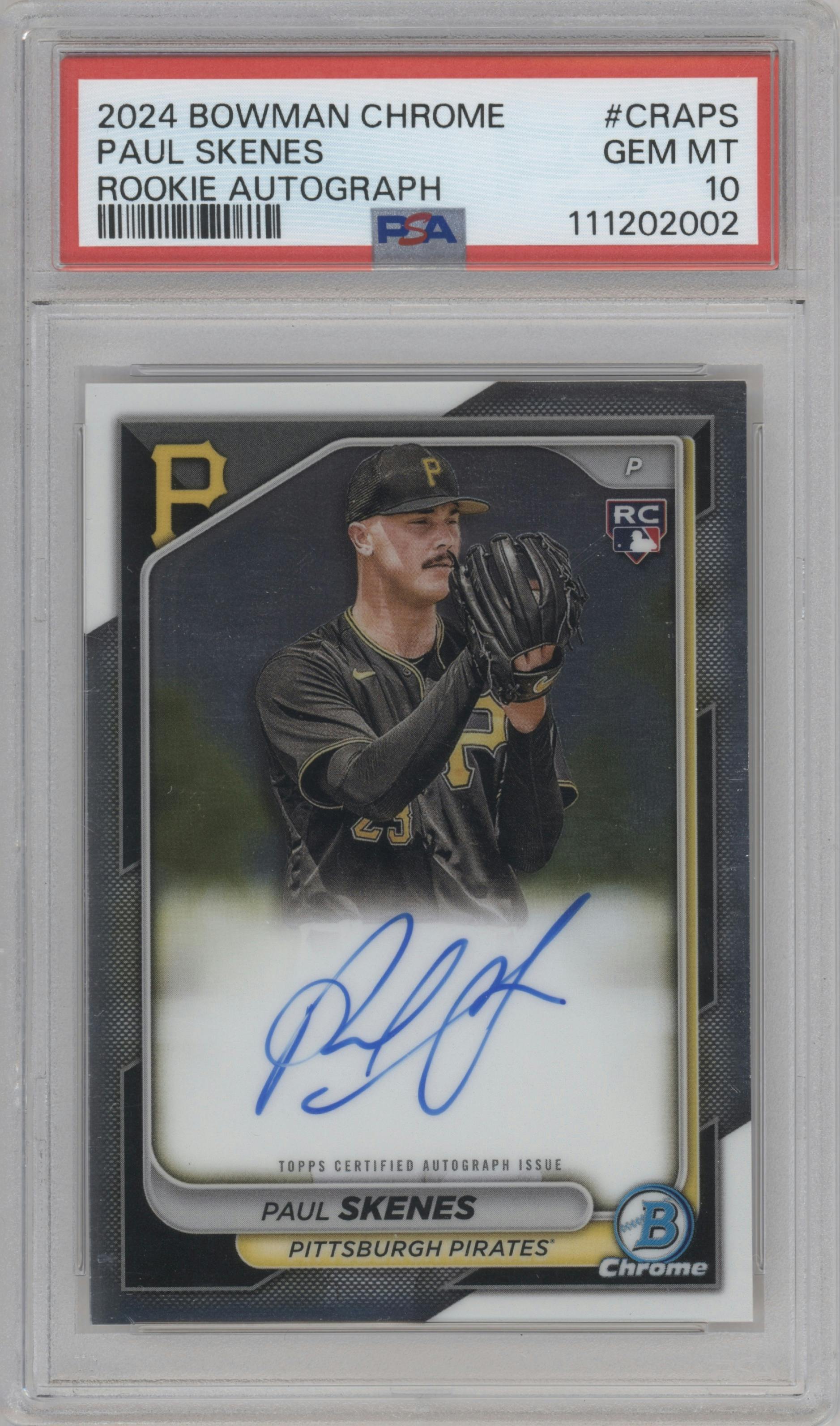 Paul Skenes from the 2024 Bowman Chrome set graded by PSA and given an overall grade of 10.