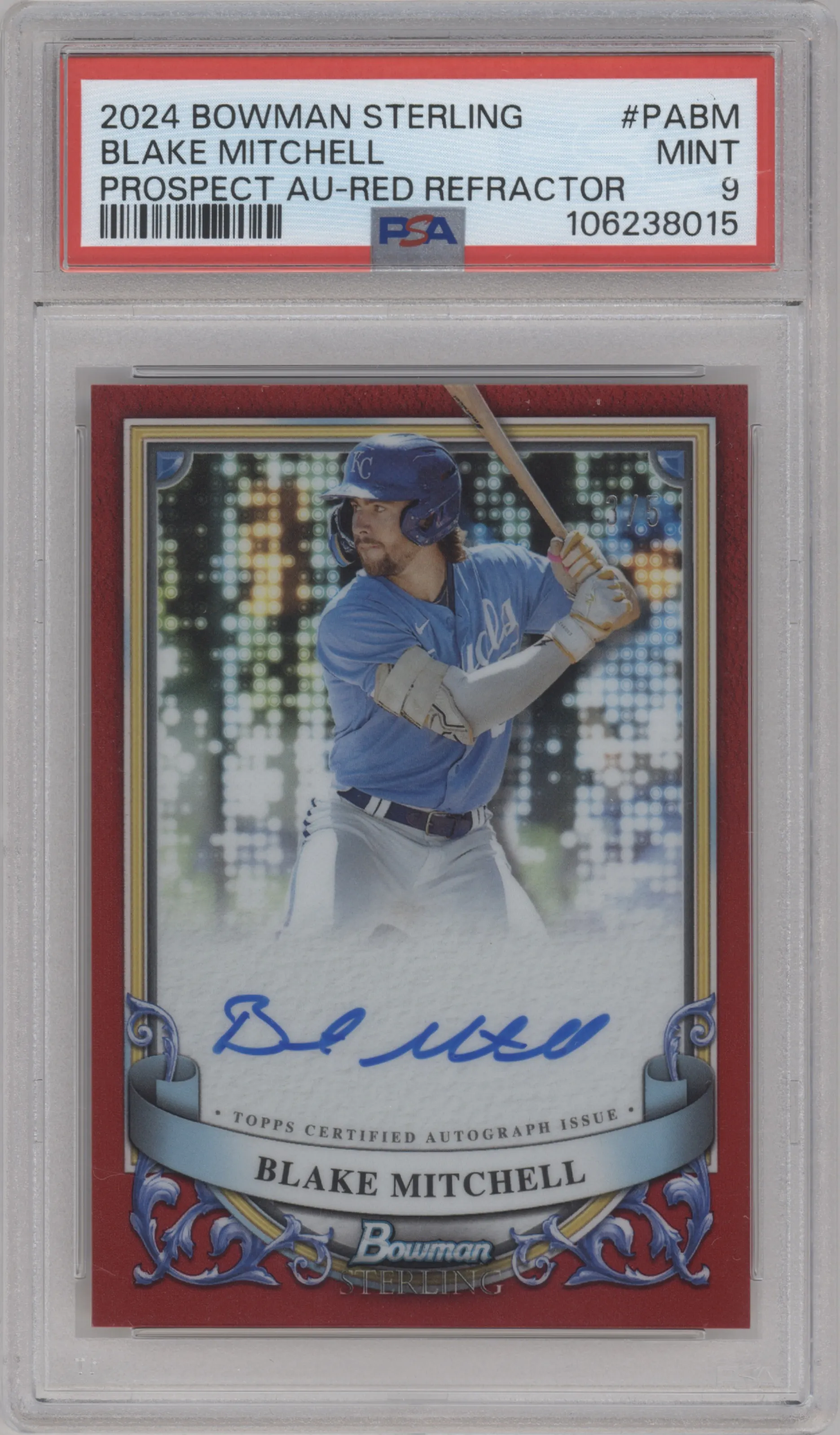 Blake Mitchell from the 2024 Bowman Sterling set featuring a Red Refractor parallel graded by PSA and given an overall grade of 9.