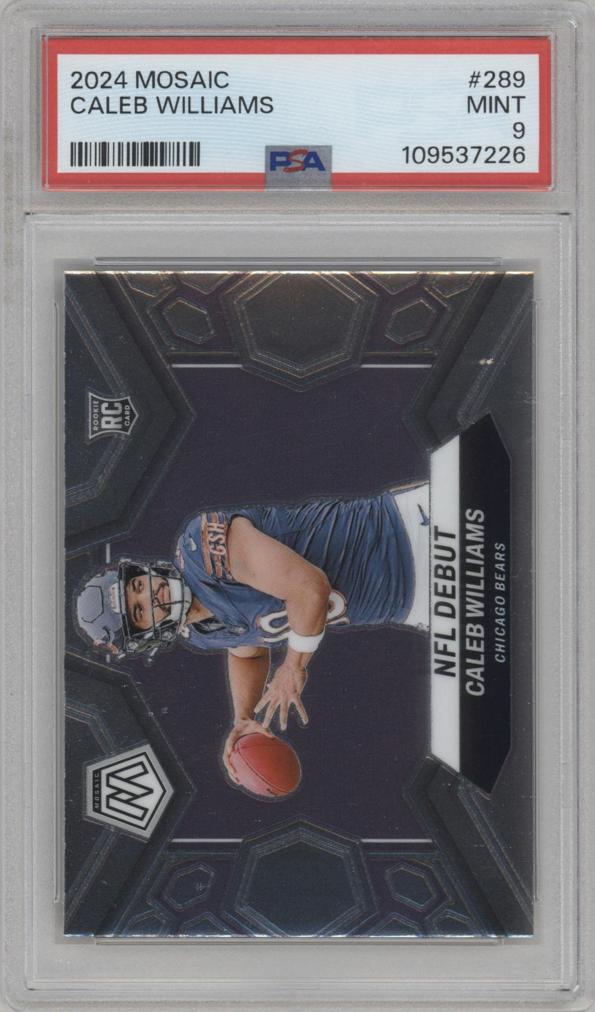 Caleb Williams from the 2024 Panini Mosaic set graded by PSA and given an overall grade of 9.