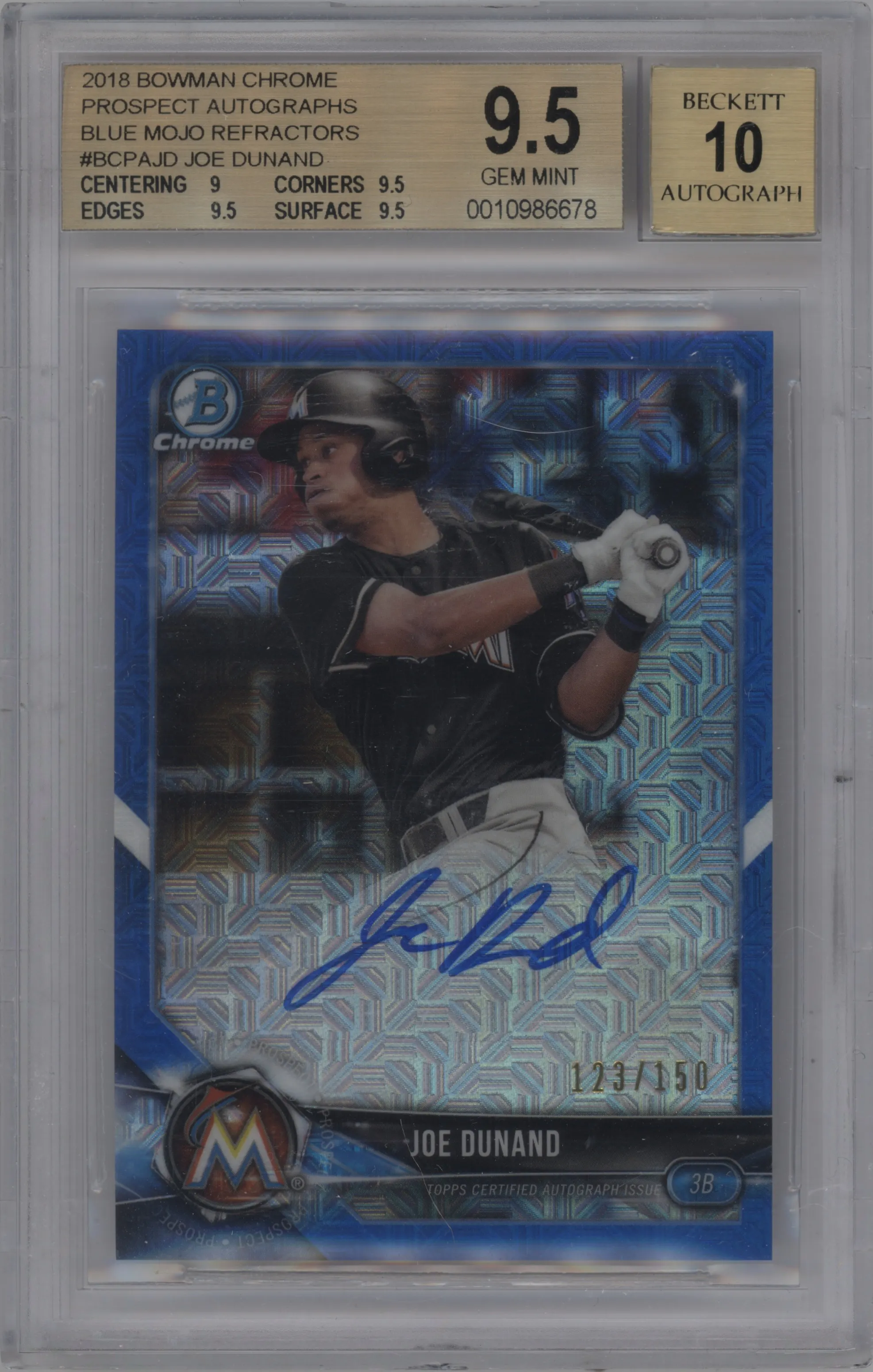 2018 Bowman Chrome Pros.Auto Joe Dunand Blue Mojo BGS 9.5
