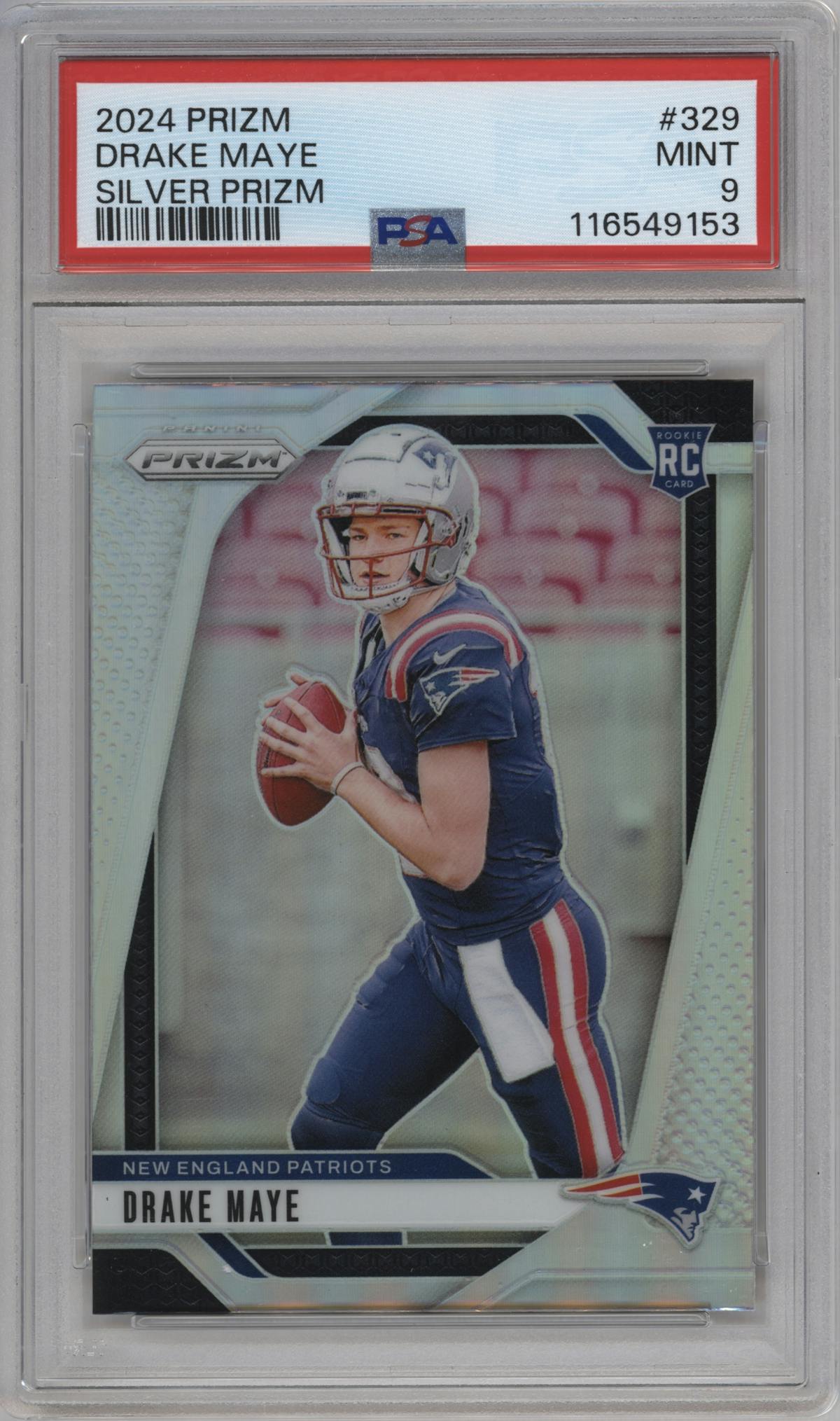 Drake Maye from the 2024 Panini Prizm set featuring a Silver Prizm parallel graded by PSA and given an overall grade of 9.