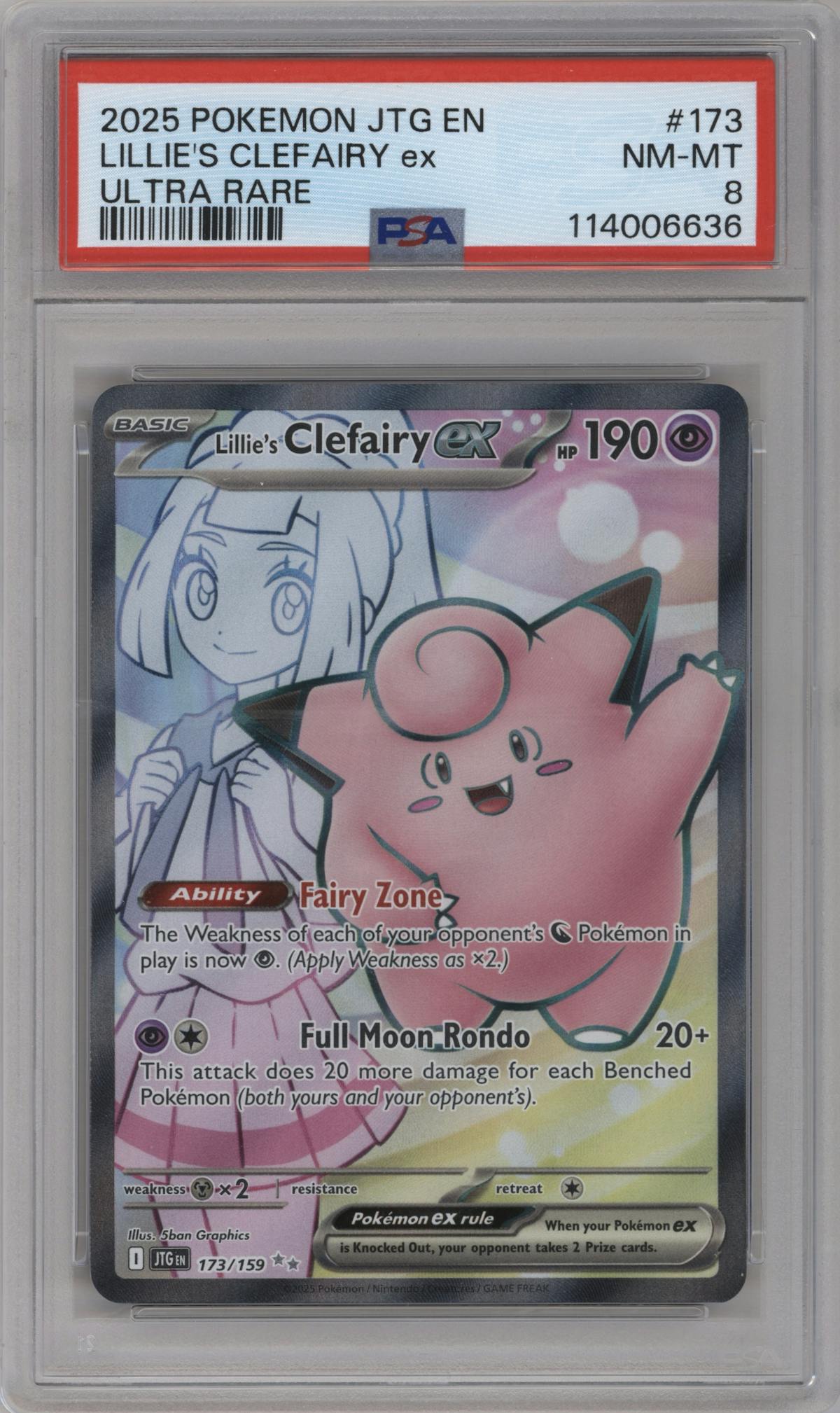 Lillie's Clefairy ex from the 2025 Pokemon SV set graded by PSA and given an overall grade of 8.