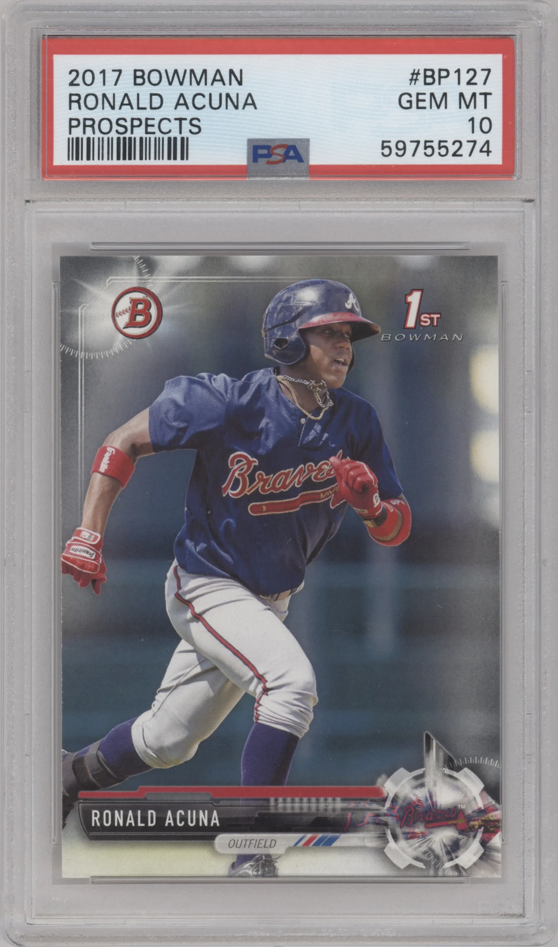 Ronald Acuna from the 2017 Bowman set graded by PSA and given an overall grade of 10.