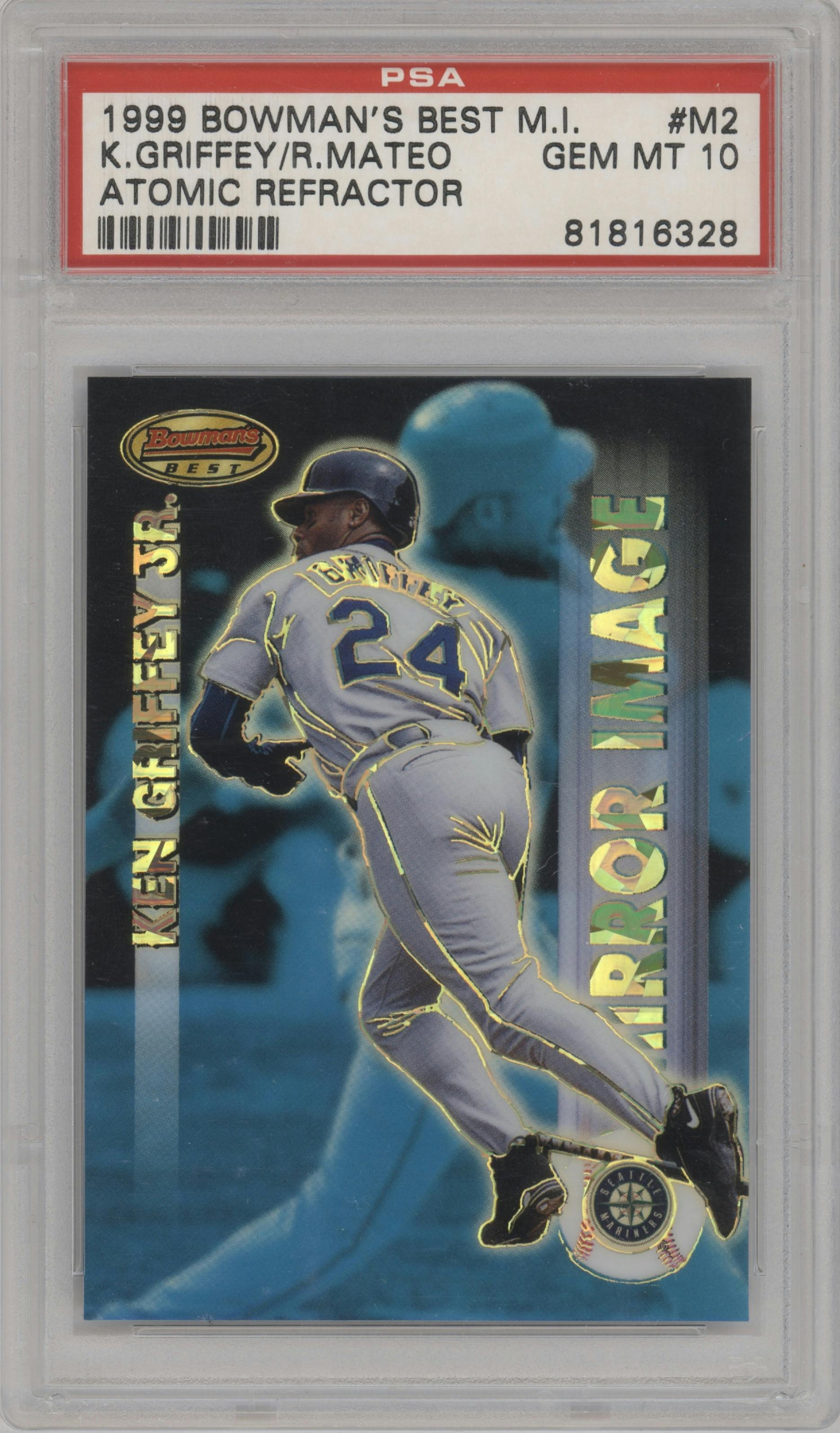 Ken Griffey Jr./Ruben Mateo from the 1999 Bowman's Best set featuring a Atomic Refractor parallel graded by PSA and given an overall grade of 10.