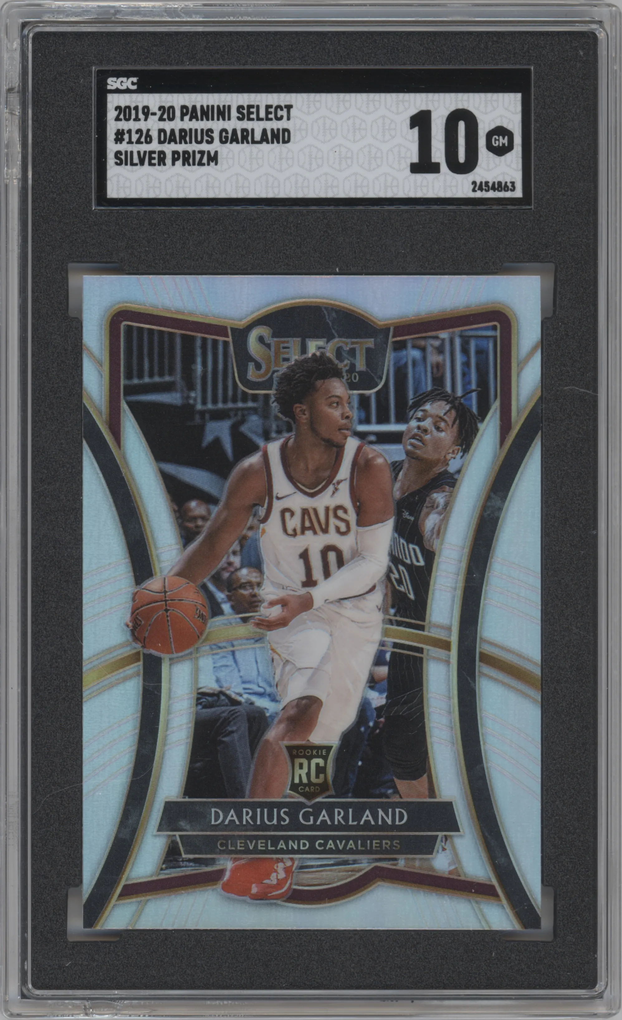 Darius Garland from the 2019-20 Panini Select set featuring a Silver Prizm parallel graded by SGC and given an overall grade of 10.