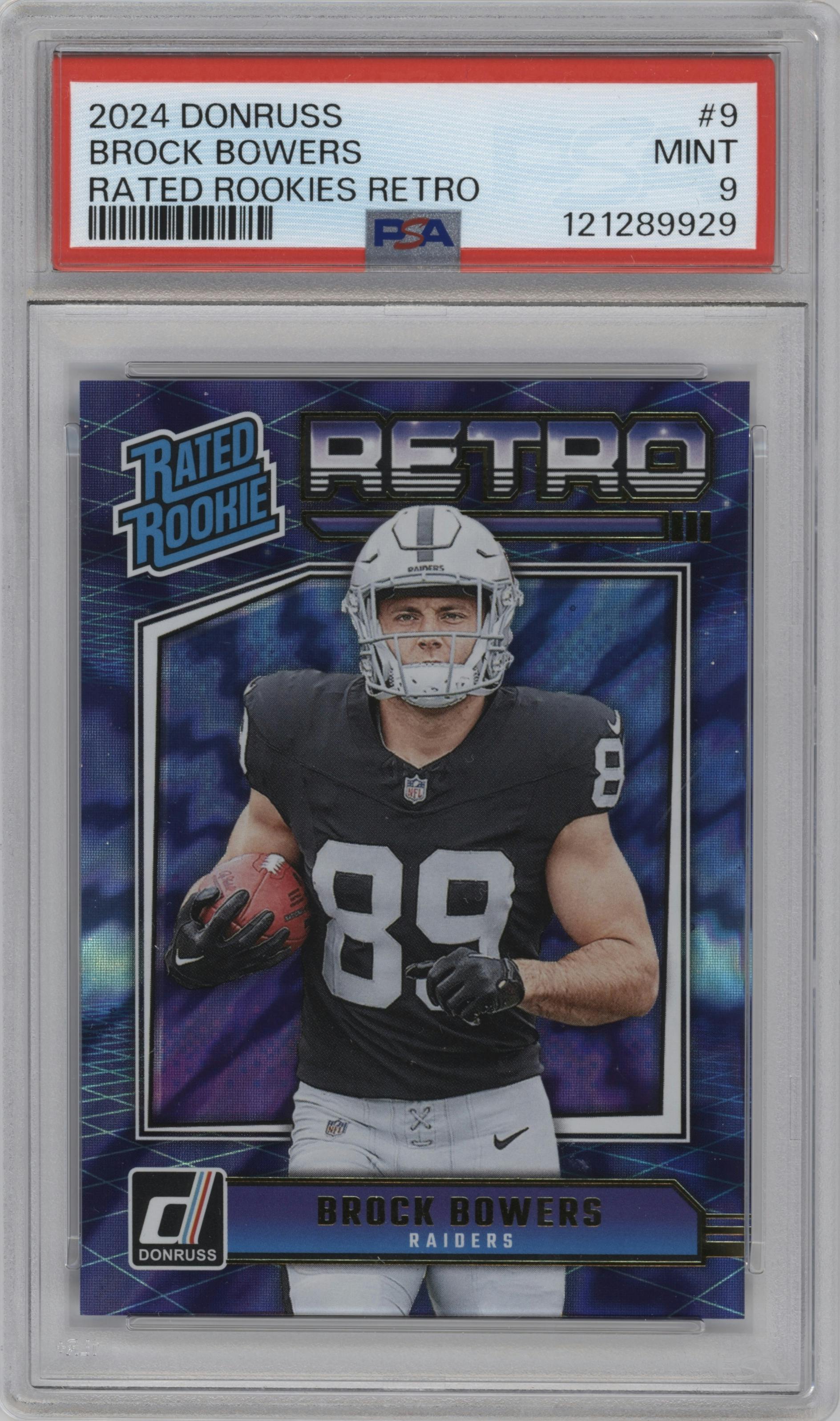 Brock Bowers from the 2024 Donruss set graded by PSA and given an overall grade of 9.